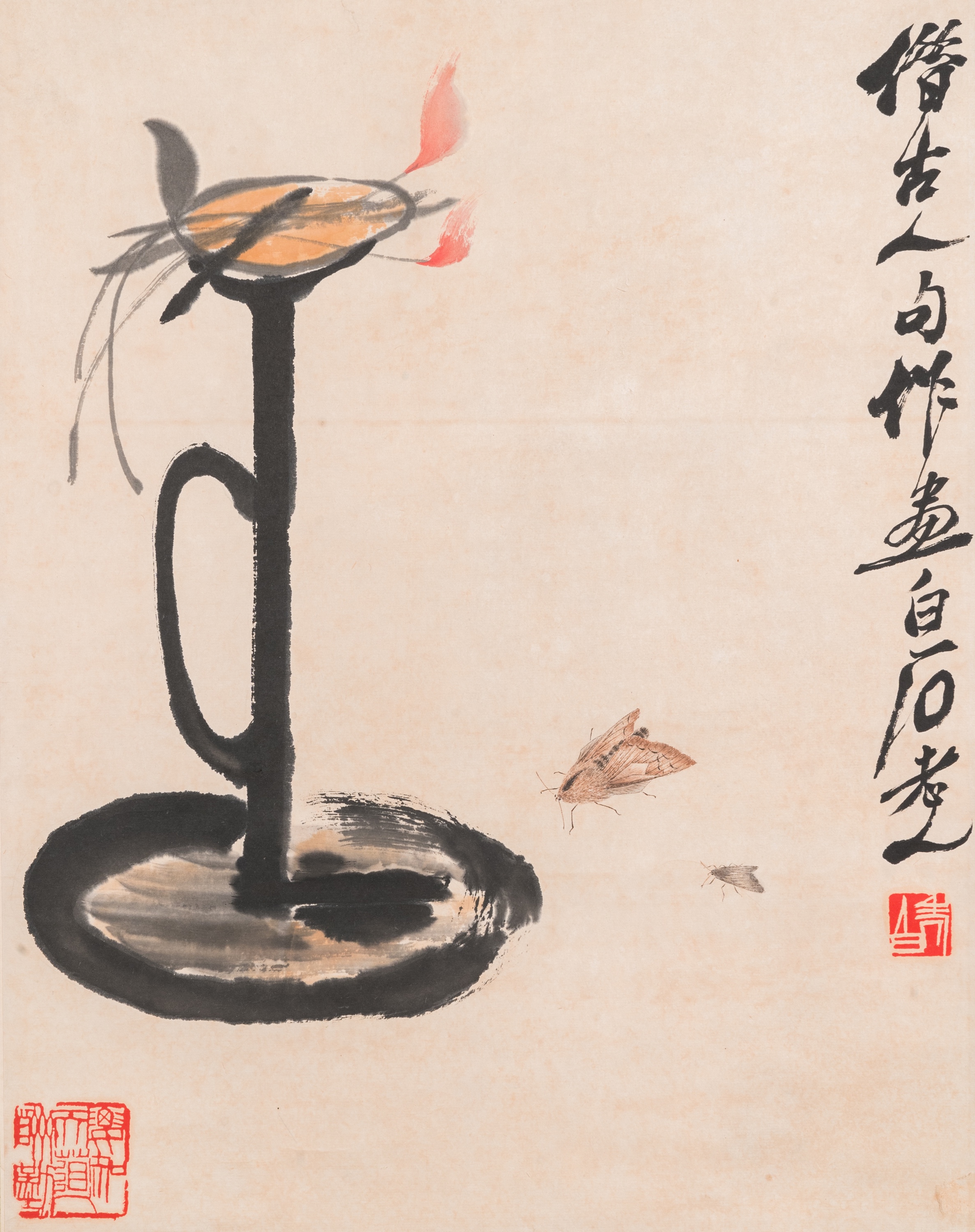 After Qi Baishi ___ (1864-1957): 'Oil lamp and moths', ink and colour on paper