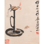 After Qi Baishi ___ (1864-1957): 'Oil lamp and moths', ink and colour on paper
