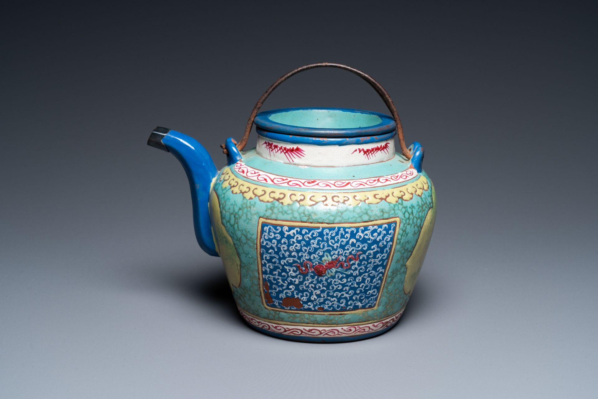 A Chinese enamelled Yixing stoneware teapot and cover, 19th C. - Image 2 of 23