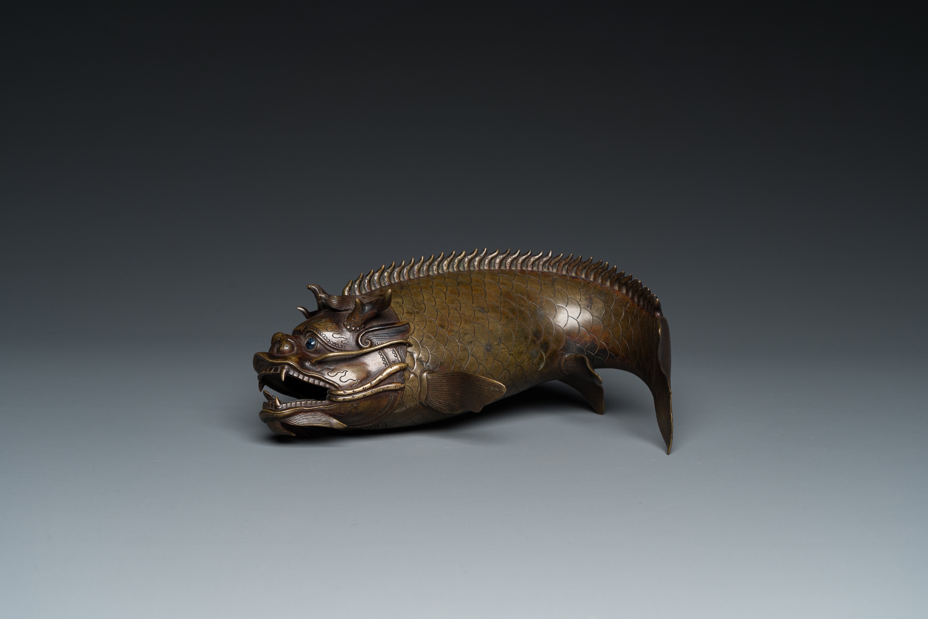 A Chinese bronze dragonfish form censer, Ming - Image 10 of 29