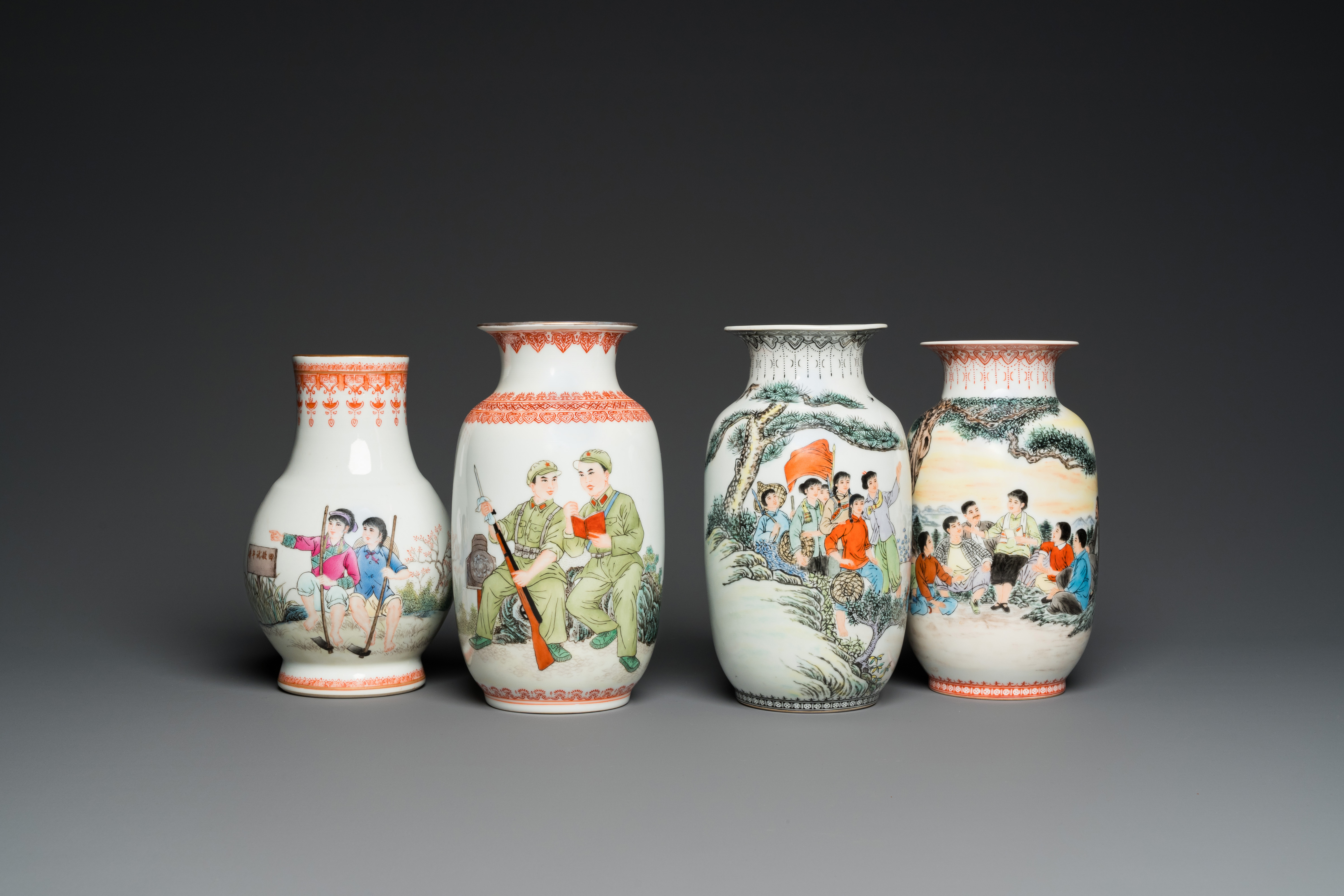 Four Chinese vases with Cultural Revolution design, one signed Wang Xiaolan ___ and dated 1972