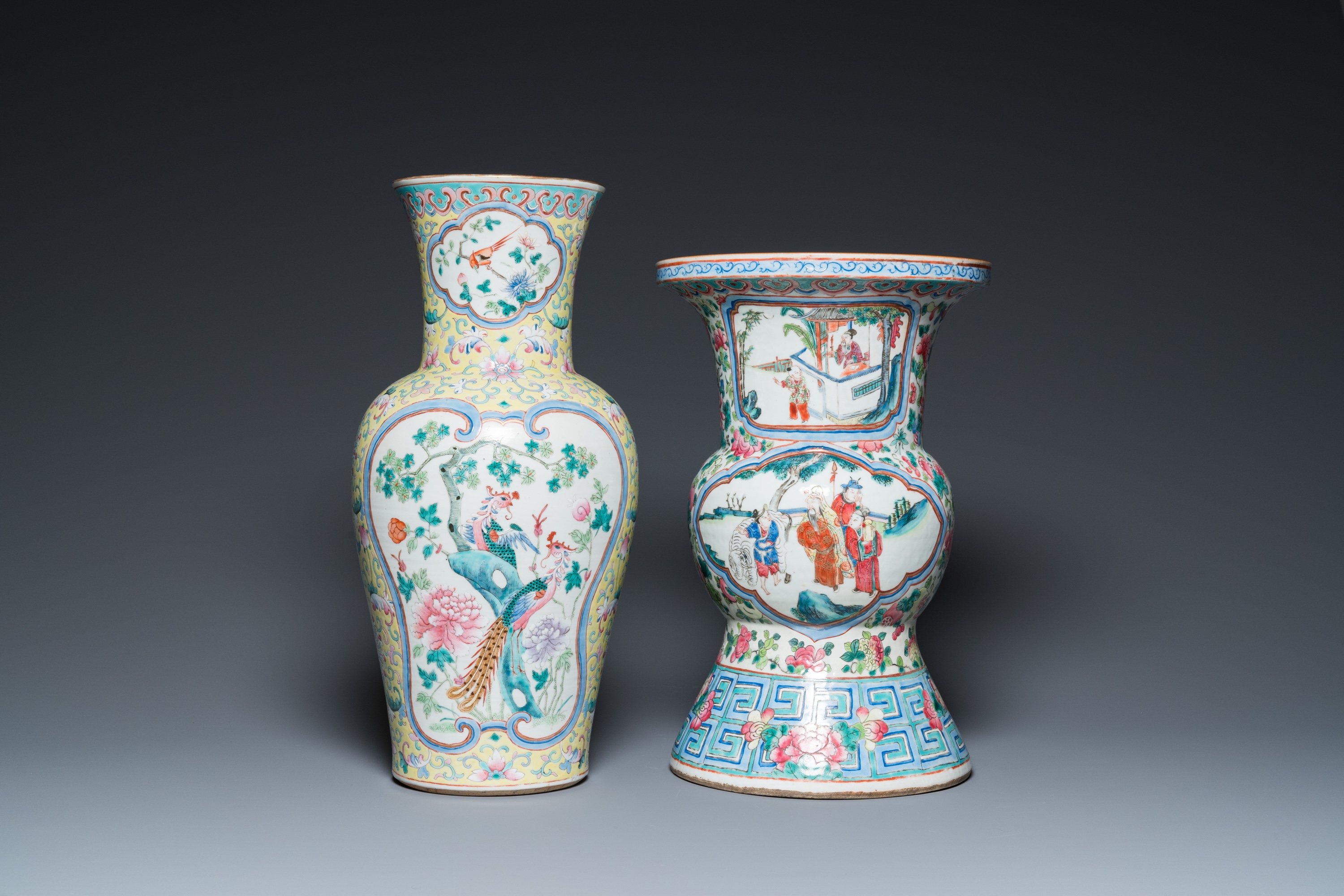 A Chinese famille rose yellow-ground 'phoenix' vase and a large spittoon, 19th C.