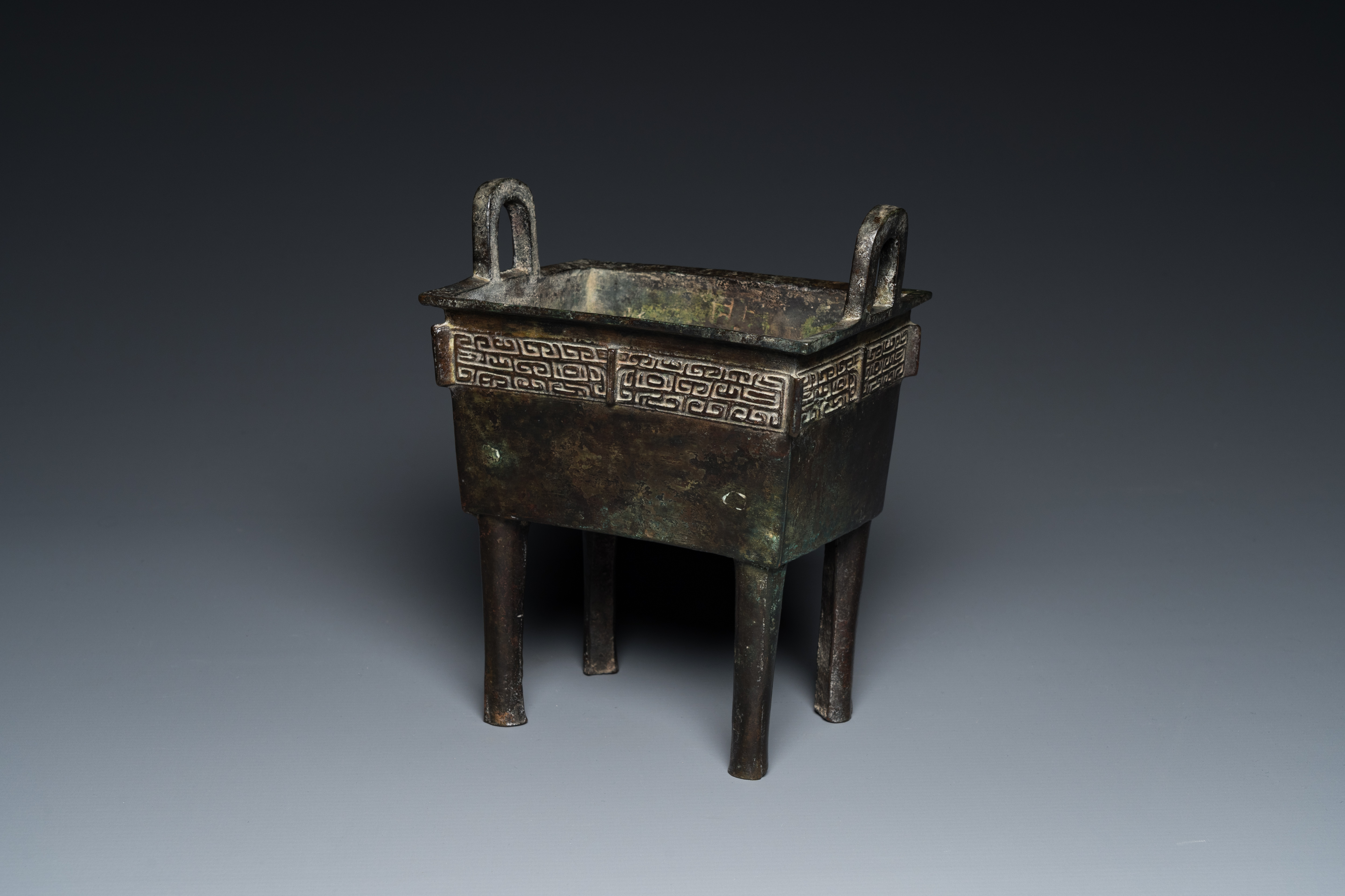 A rare Chinese archaistic bronze 'Fang Ding' ritual food vessel with inscription, Song or earlier