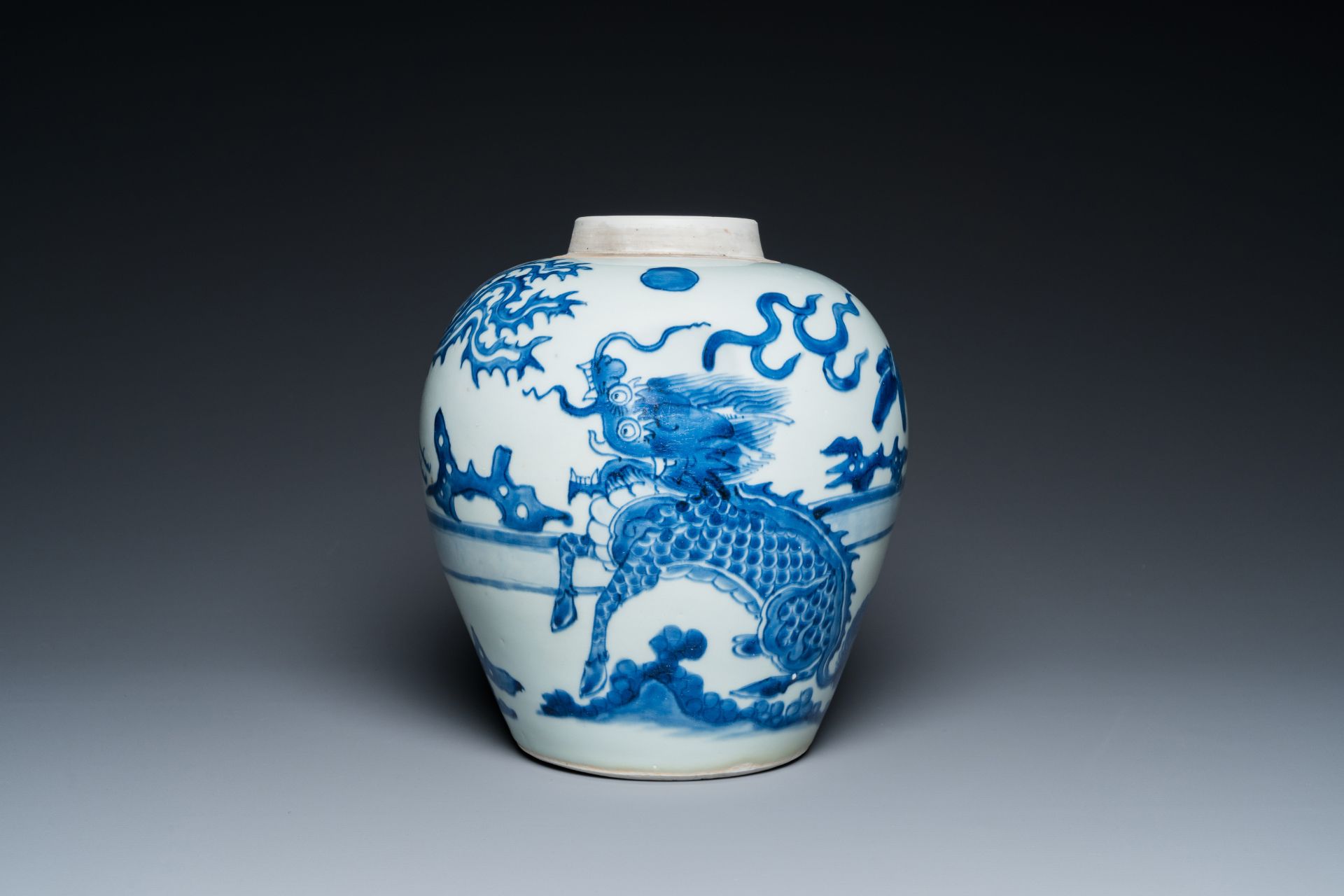 A Chinese blue and white 'qilin' jar, Shunzhi