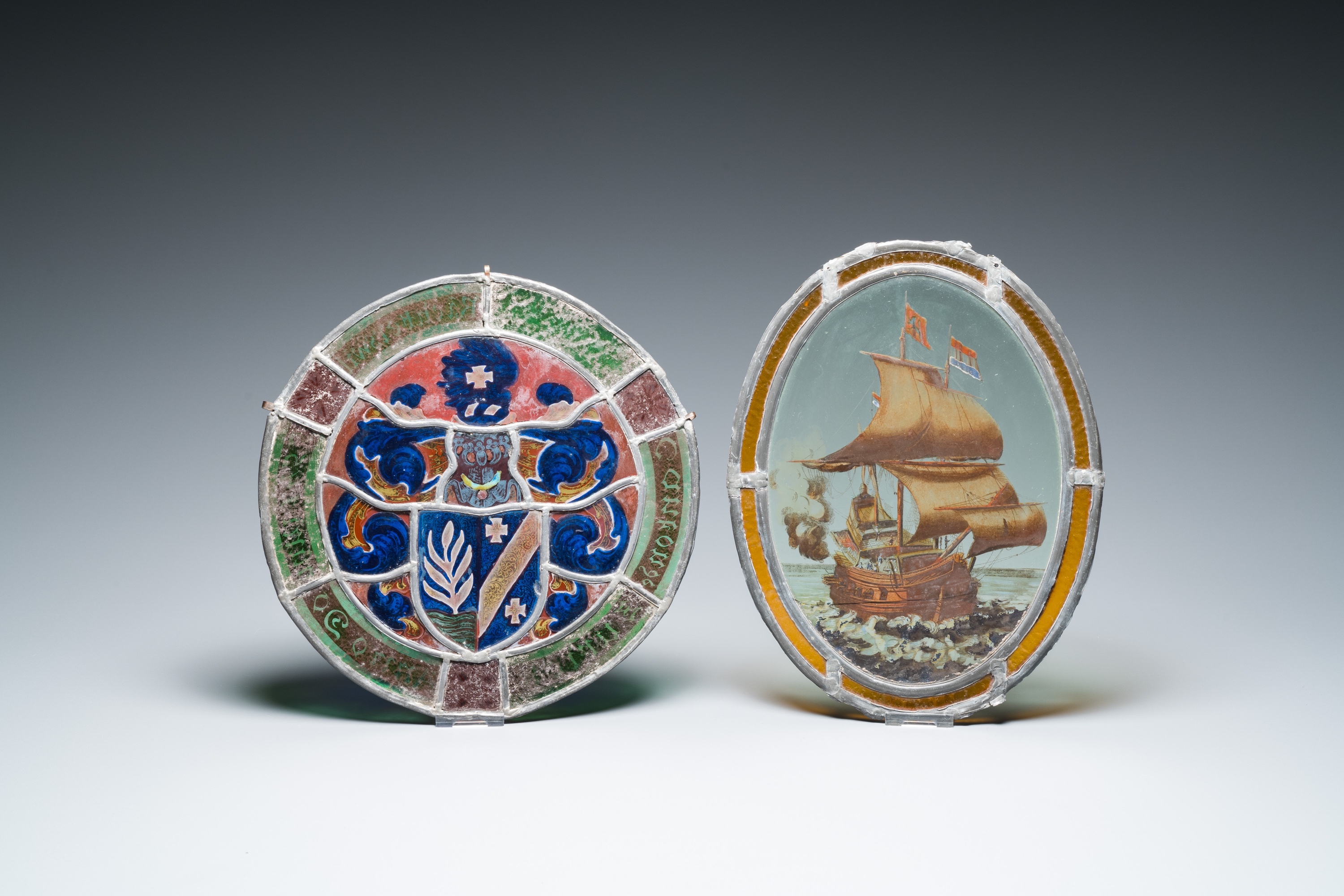 Two painted glass-in-lead windows and three painted glass panels, 19/20th C. - Image 13 of 13