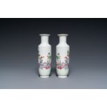 A pair of small Chinese famille rose rouleau vases, Qianlong mark, Republic