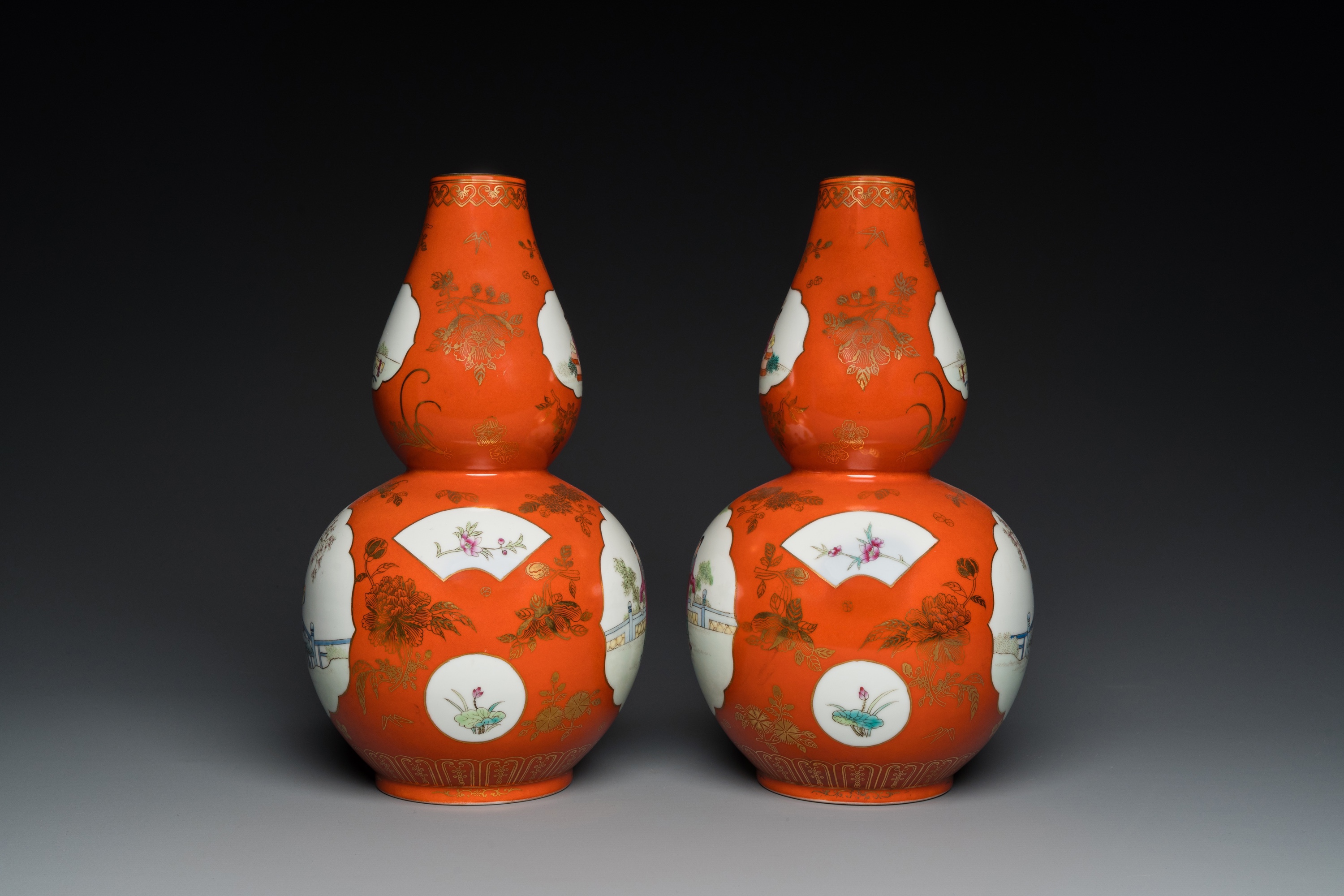 A pair of Chinese coral-ground famille rose double gourd vases, Qianlong mark, Republic - Image 2 of 6