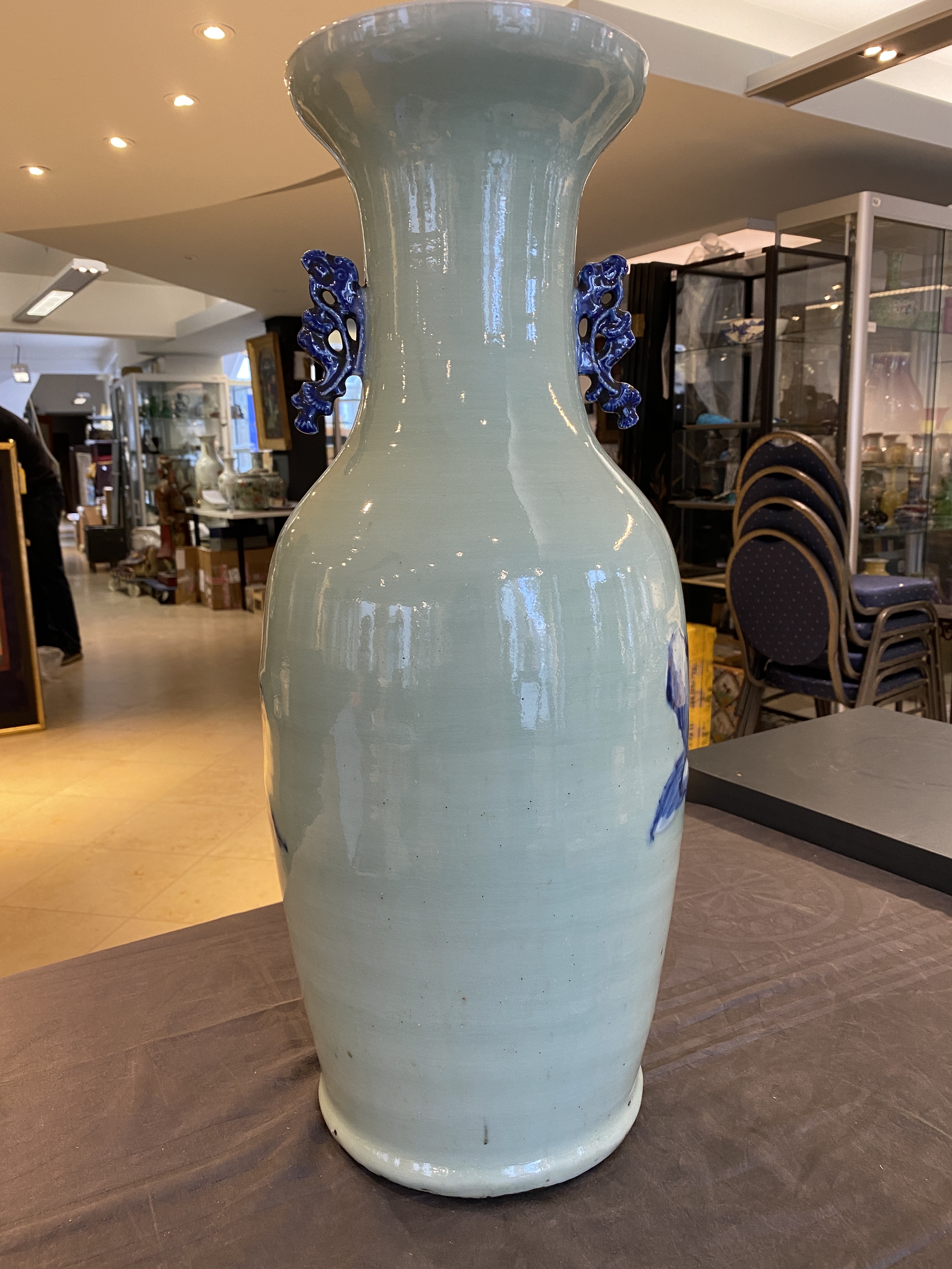 A Chinese blue and white celadon-ground 'immortals' vase, 19th C. - Image 9 of 17