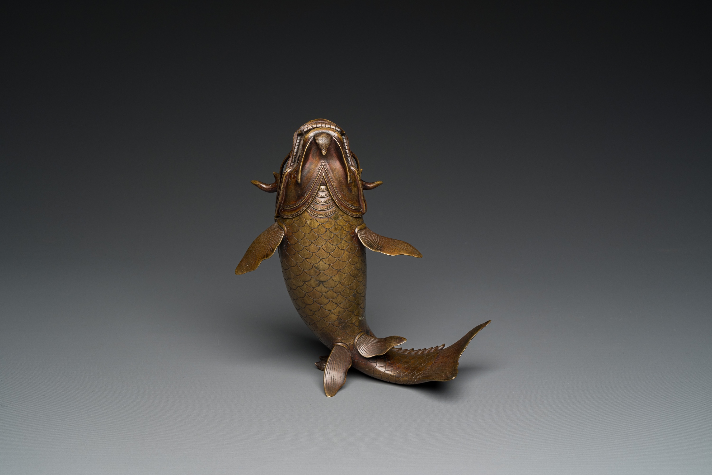 A Chinese bronze dragonfish form censer, Ming - Image 11 of 29