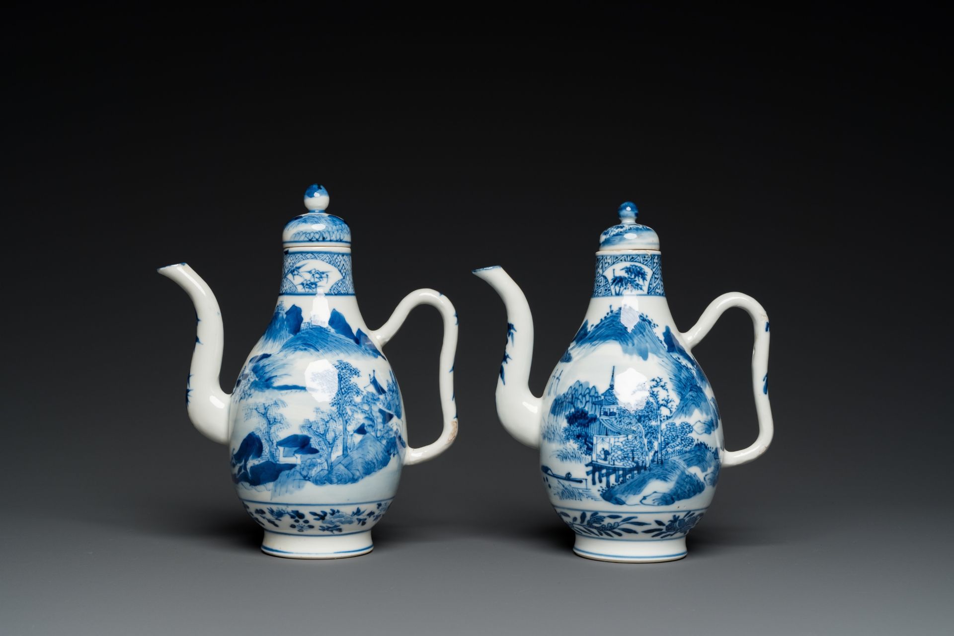 A pair of Chinese blue and white 'landscape' ewers and covers, possibly for the Vietnamese market, 1 - Image 2 of 7