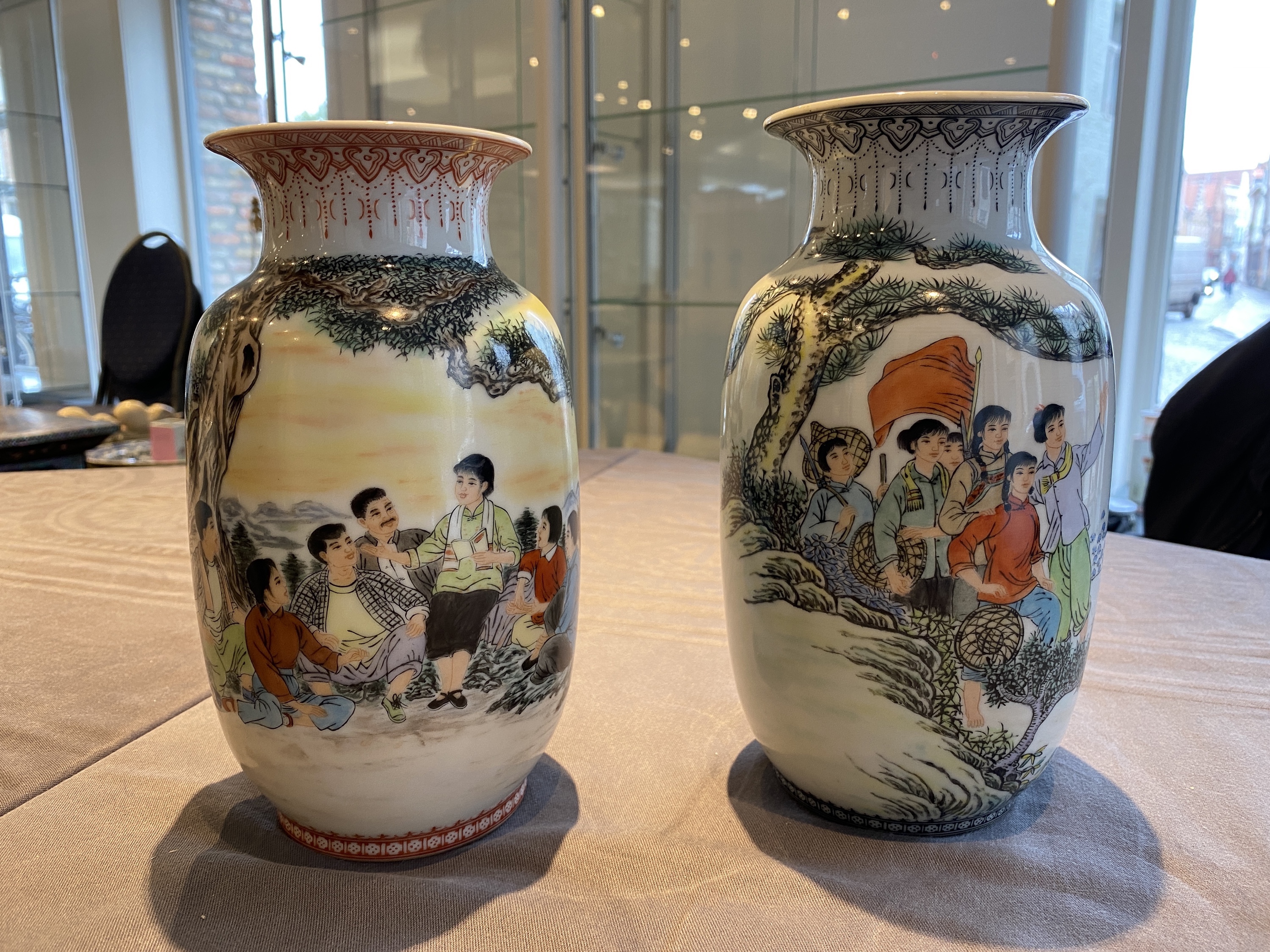 Four Chinese vases with Cultural Revolution design, one signed Wang Xiaolan ___ and dated 1972 - Image 14 of 40