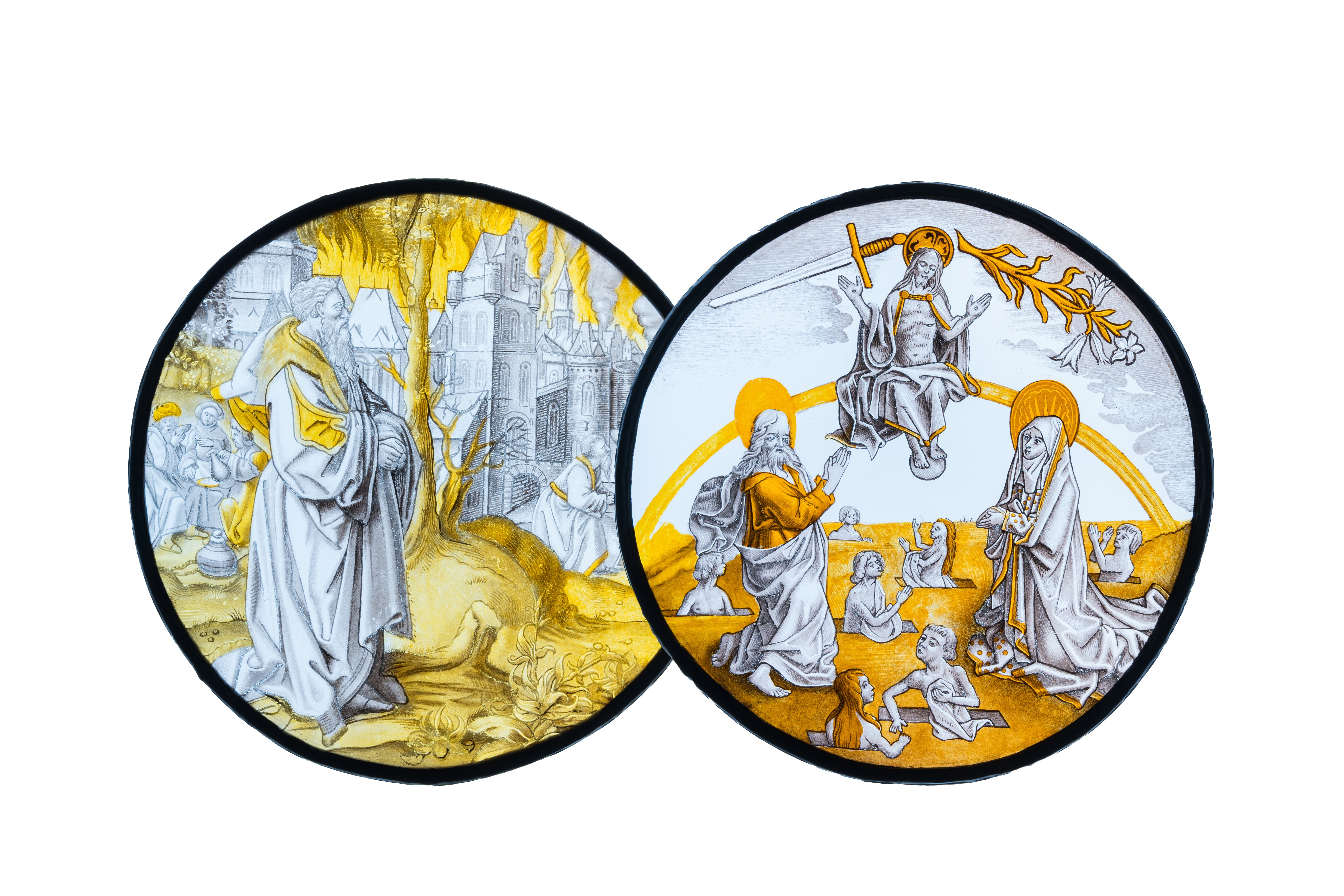 Two painted glass roundels depicting 'The Last Judgment' & 'Abraham sees Sodom in flames', Southern