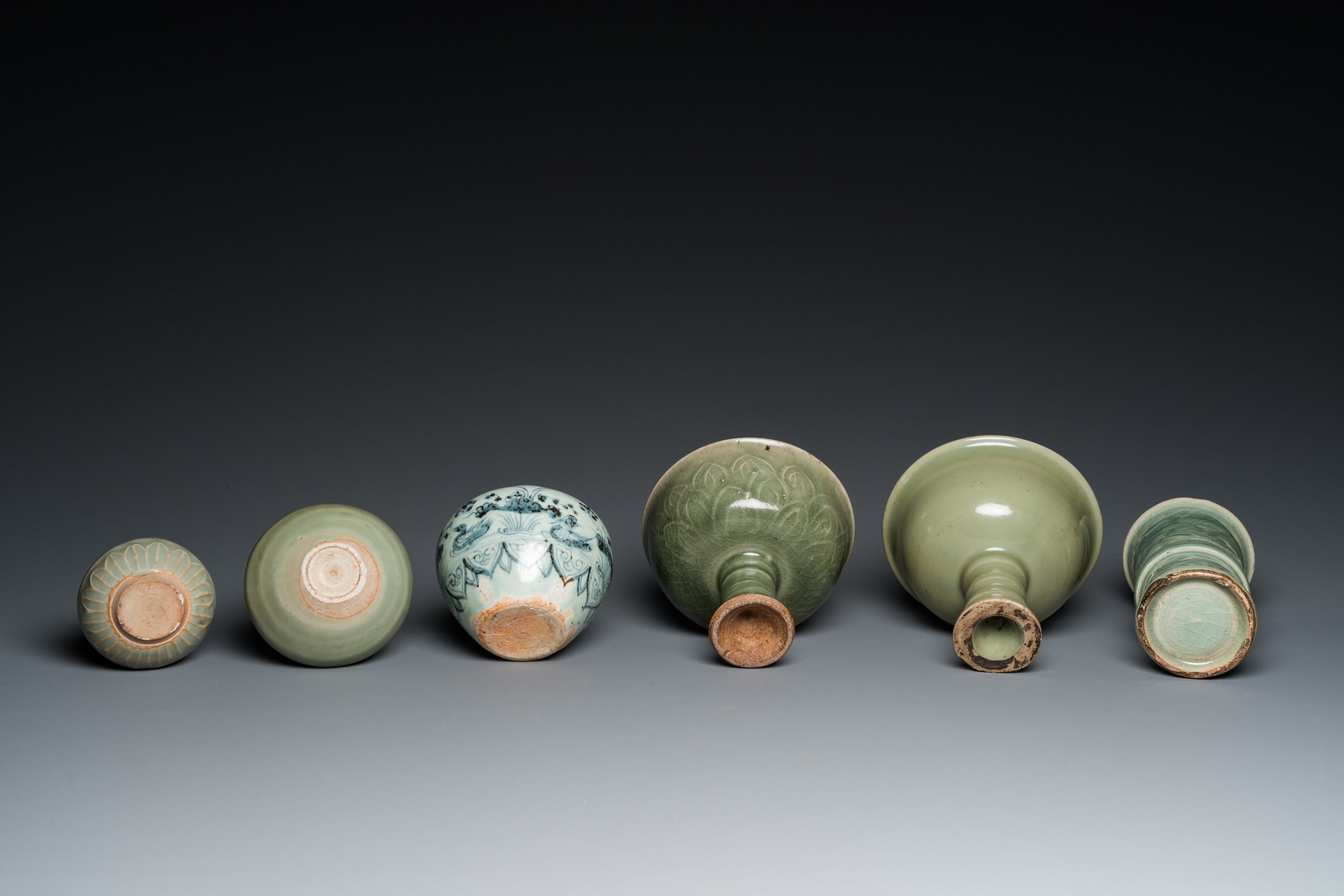 Three Chinese celadon-glazed vases, two stem cups and a blue and white vase, Ming - Image 7 of 7