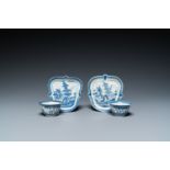 A pair of blue and white Japanese Arita 'van Frytom' cups with shield-shaped saucers, Chenghua mark,