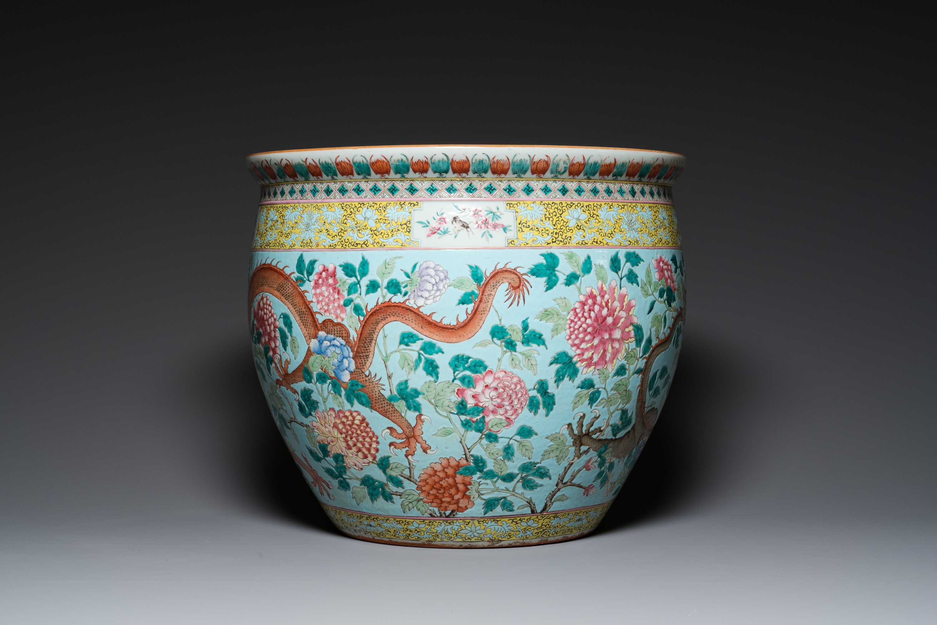 A large Chinese famille verte light blue-ground fish bowl, 19th C. - Image 5 of 28