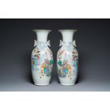 A pair of Chinese famille rose mythological subject vases, signed Han Zhengtai ___, 19/20th C.