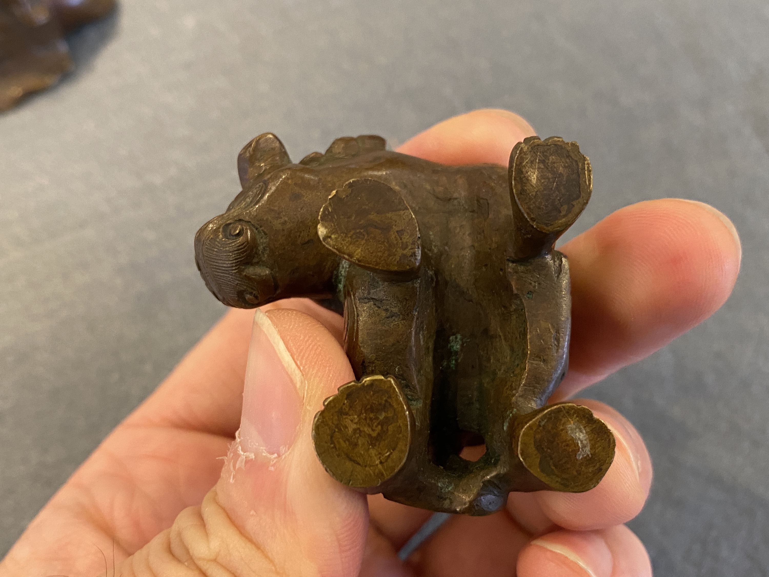 Two Chinese bronze scroll Weights with Sogdian riders on a Buddhist lion and an elephant, Qi - Image 18 of 19