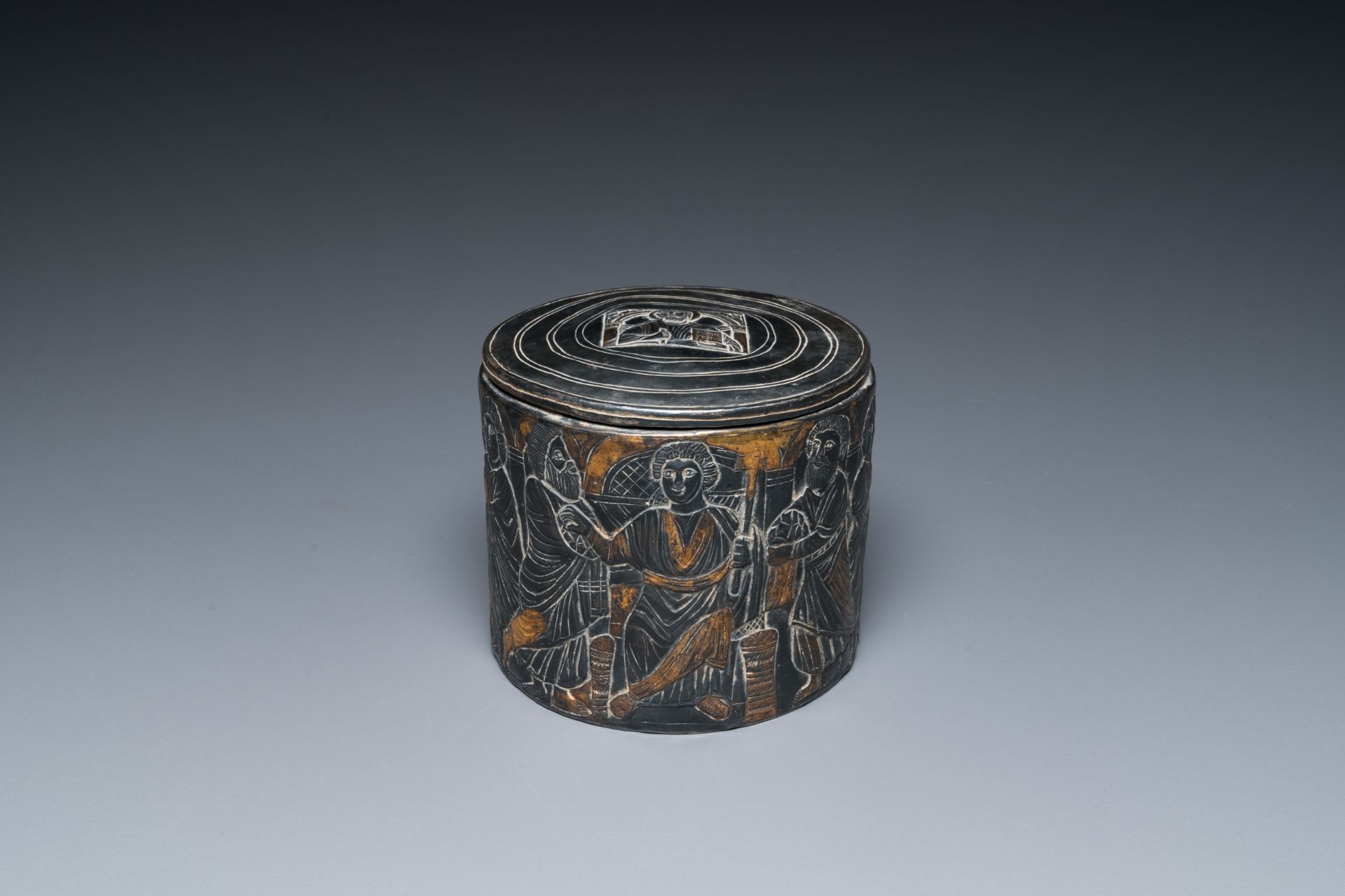 A probably Byzantine parcel-gilt silver pyxis, possibly Italy, 14th C. or later