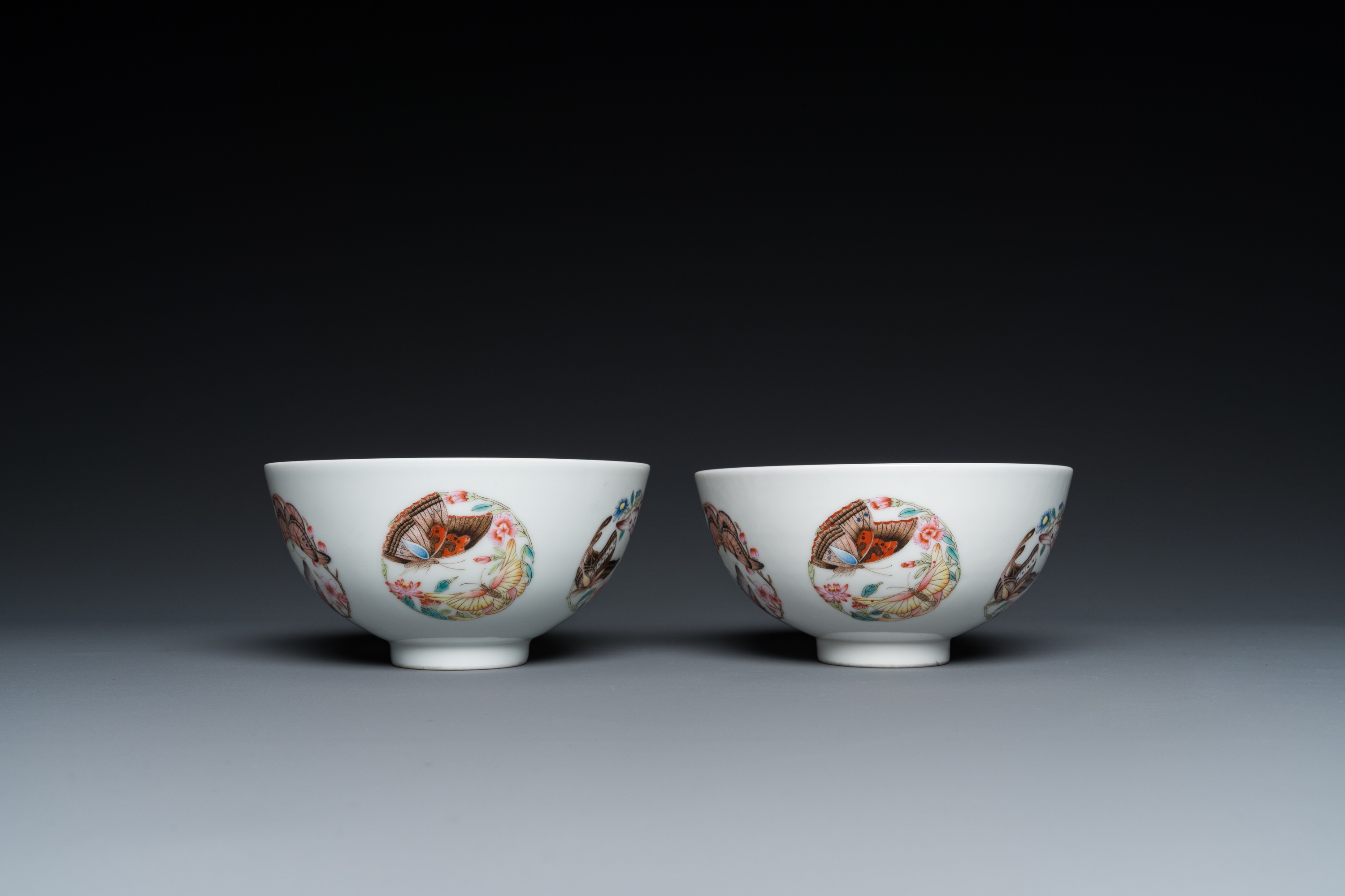 A pair of Chinese famille rose 'butterfly' bowls, Yonzheng mark, probably Republic - Image 3 of 16