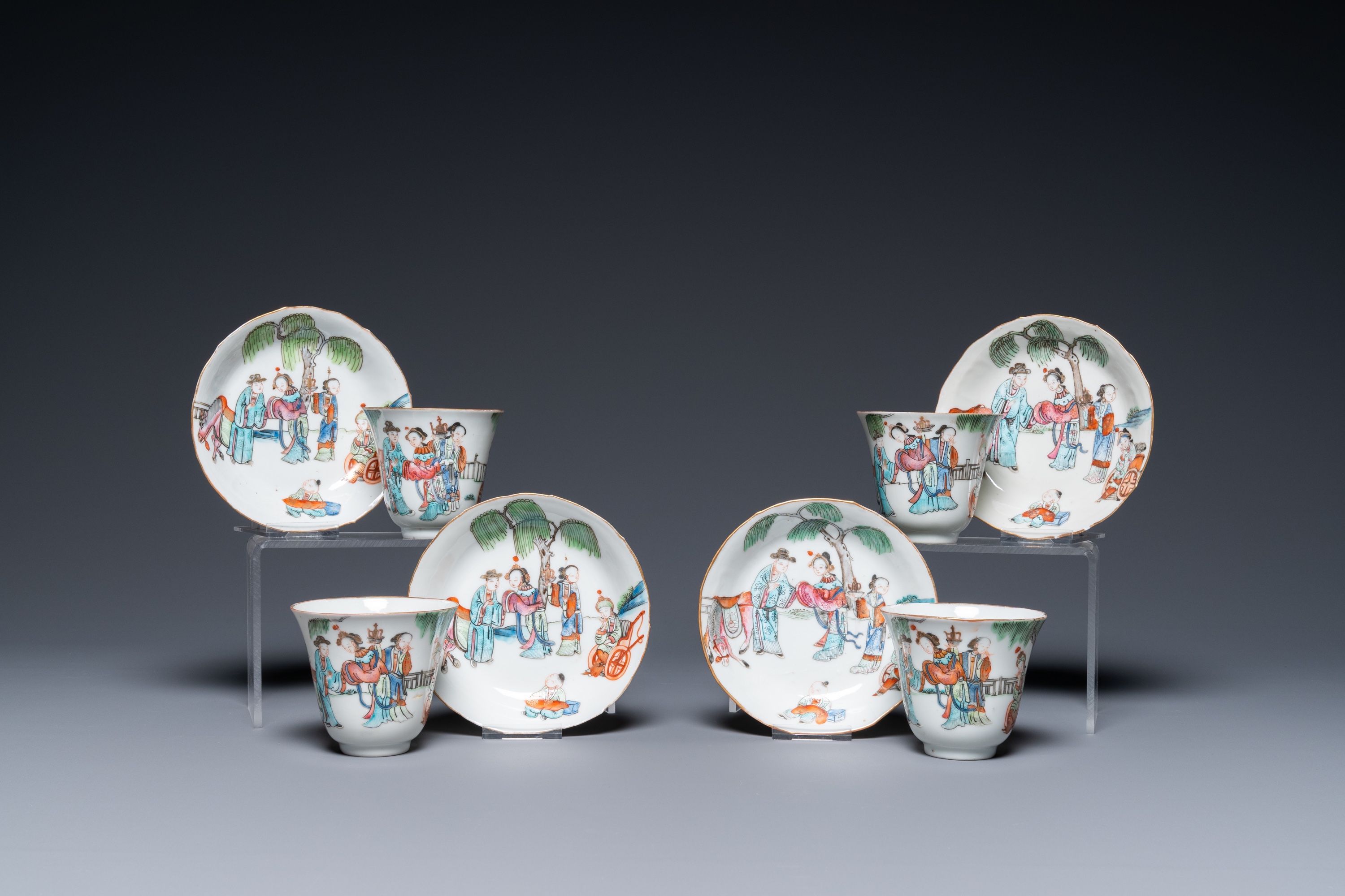 Four Chinese famille rose cups and saucers, Tongzhi mark and of the period