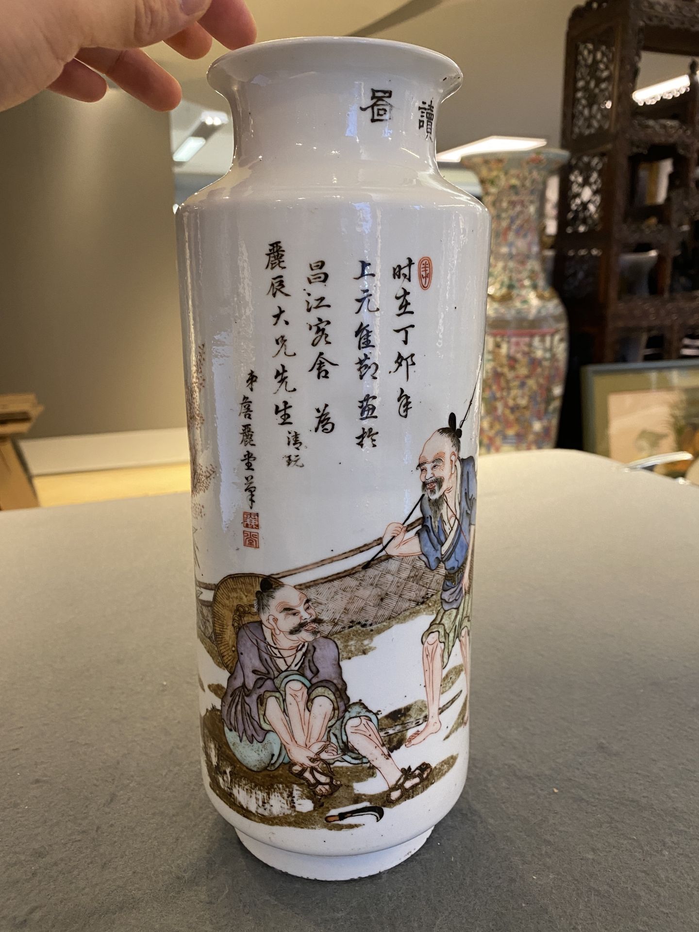 A Chinese qianjiang cai rouleau vase, signed Zhan Litang ___, dated 1867 - Image 10 of 19