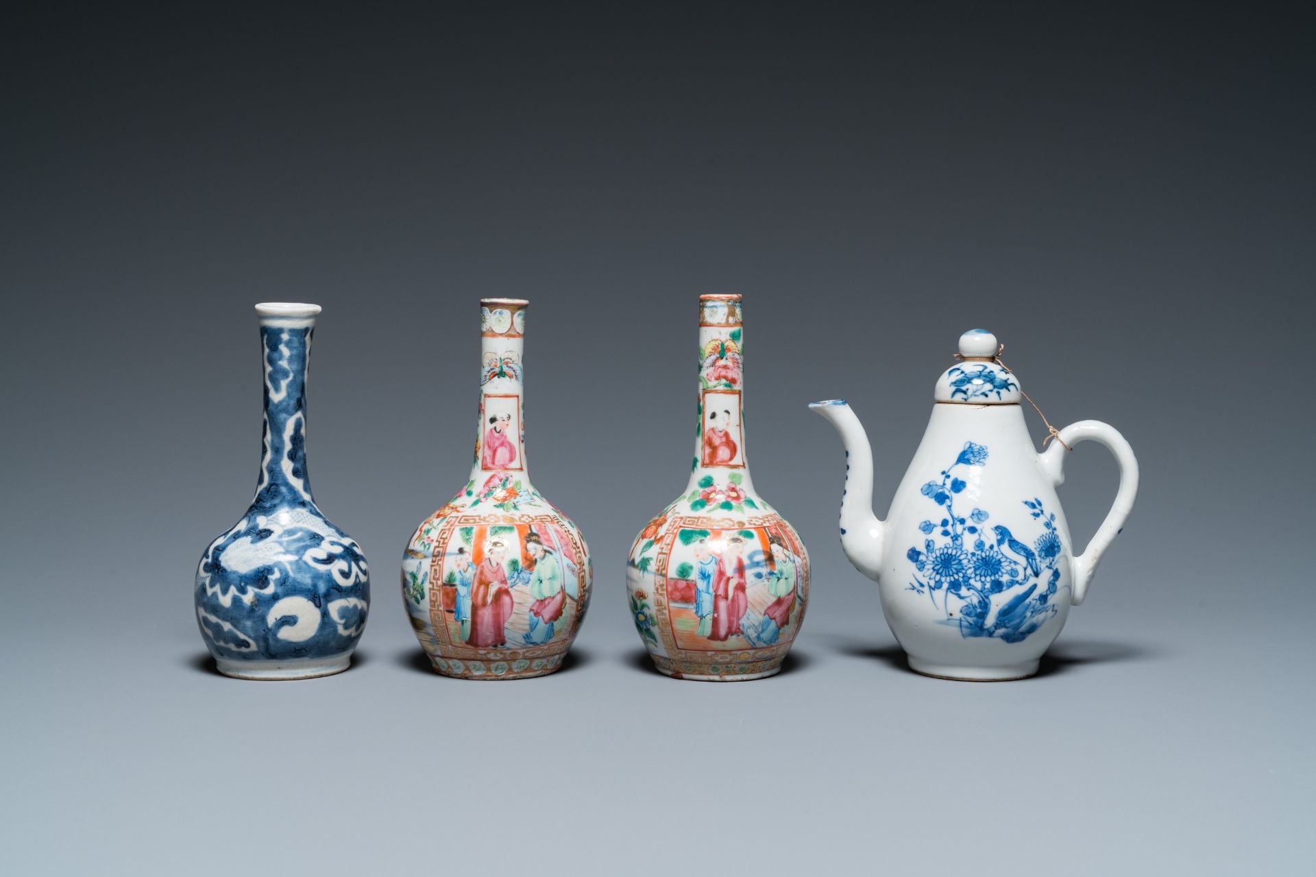 Four Chinese famille rose vases, a bat-shaped bowl and a covered jug, 19th C. - Image 8 of 19