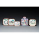 A Chinese Canton enamel tea caddy and four small dishes, 19th C.