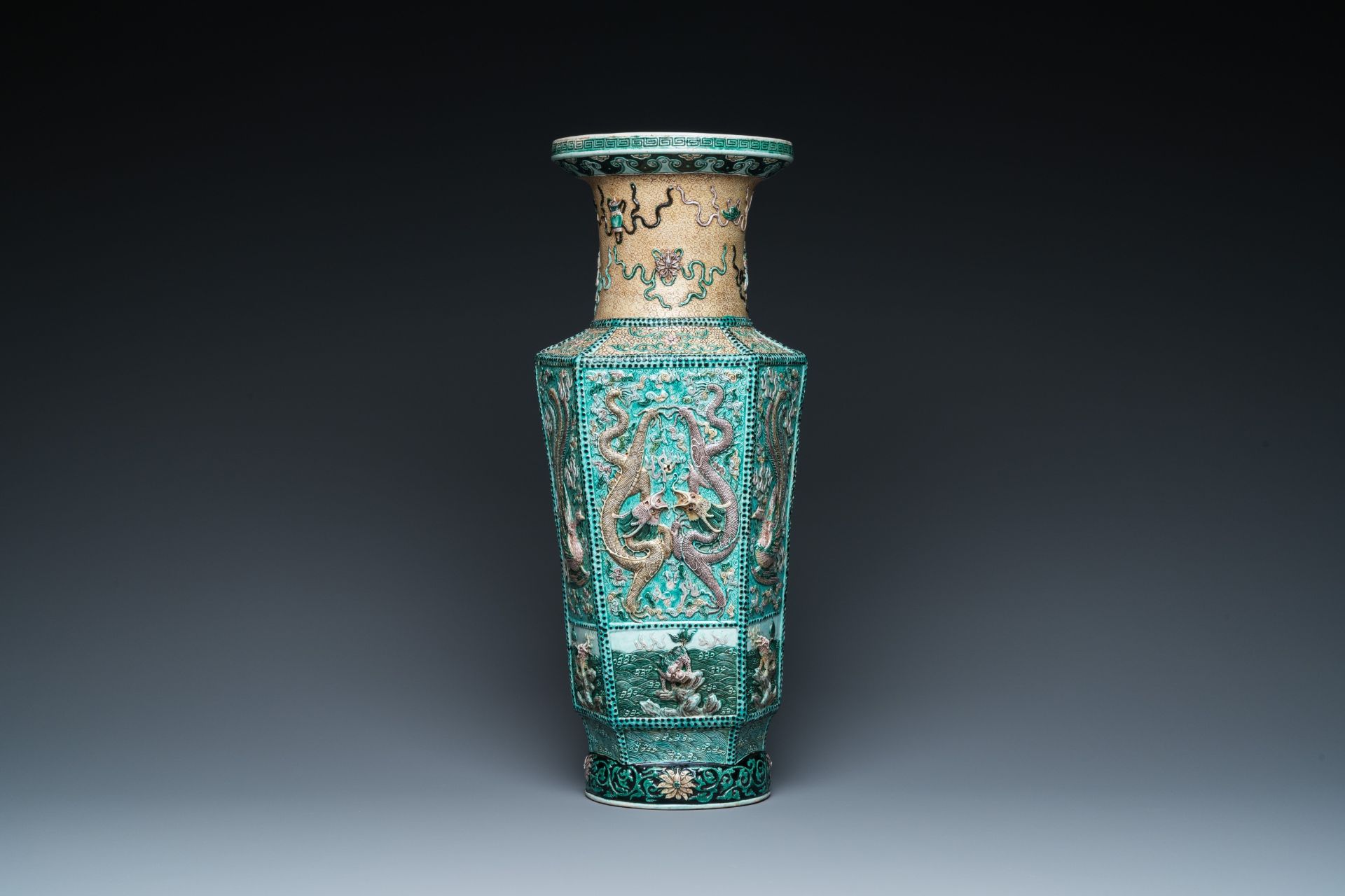 A Chinese hexagonal verte biscuit vase with applied dragon design, 19/20th C. - Image 3 of 26