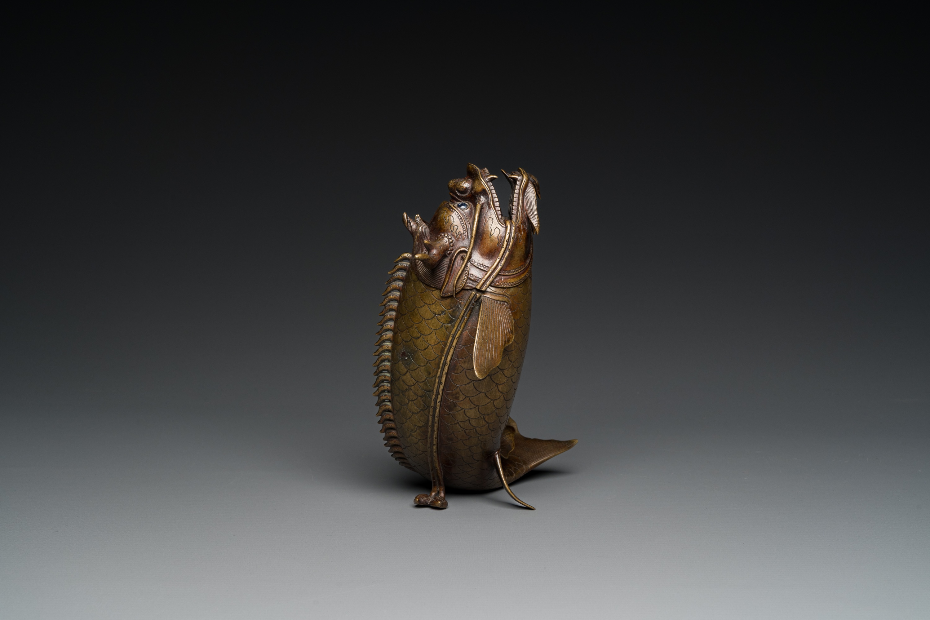 A Chinese bronze dragonfish form censer, Ming - Image 13 of 29