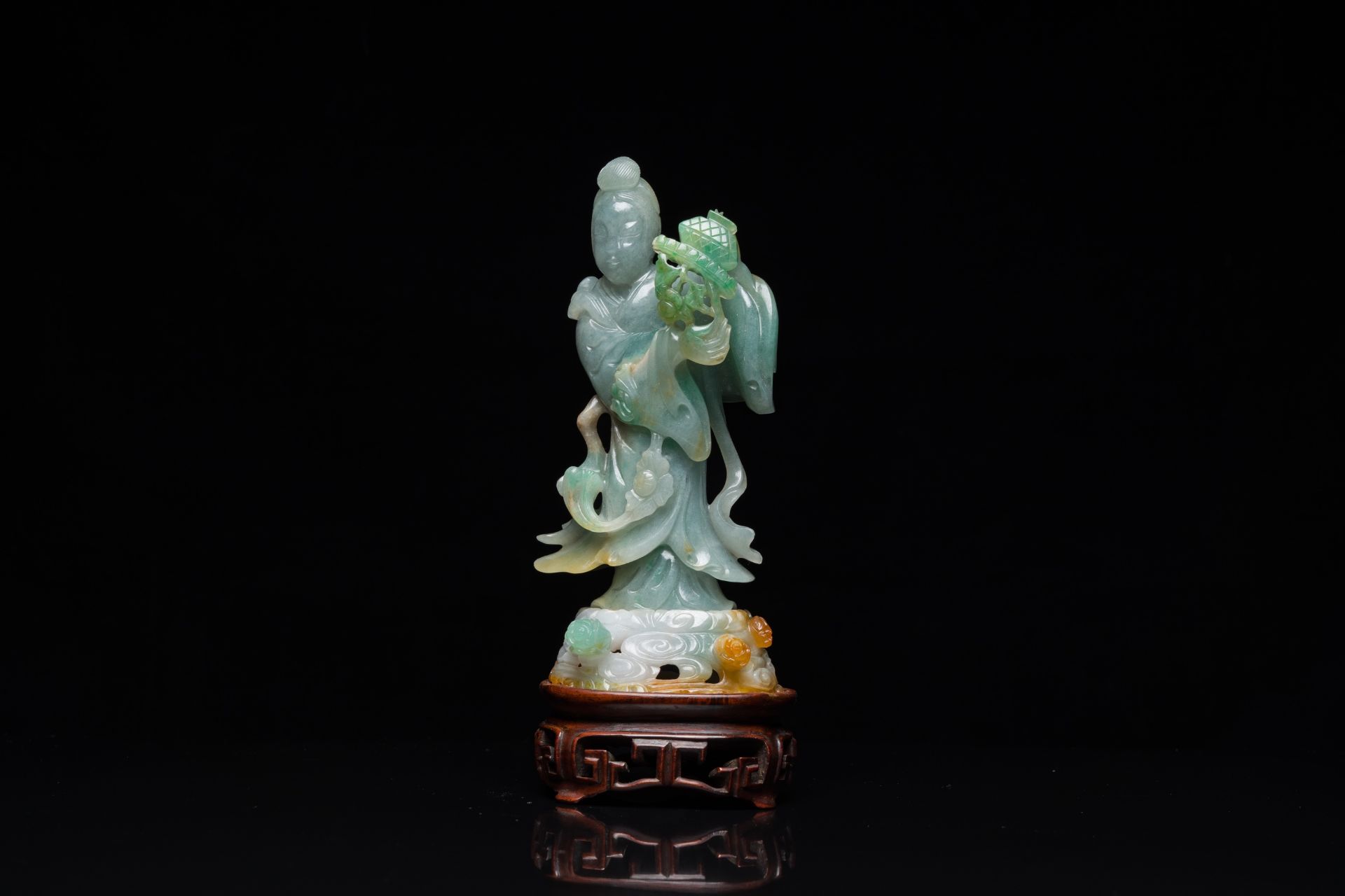 A Chinese jade sculpture of a lady on a wooden stand, Qing - Image 2 of 21