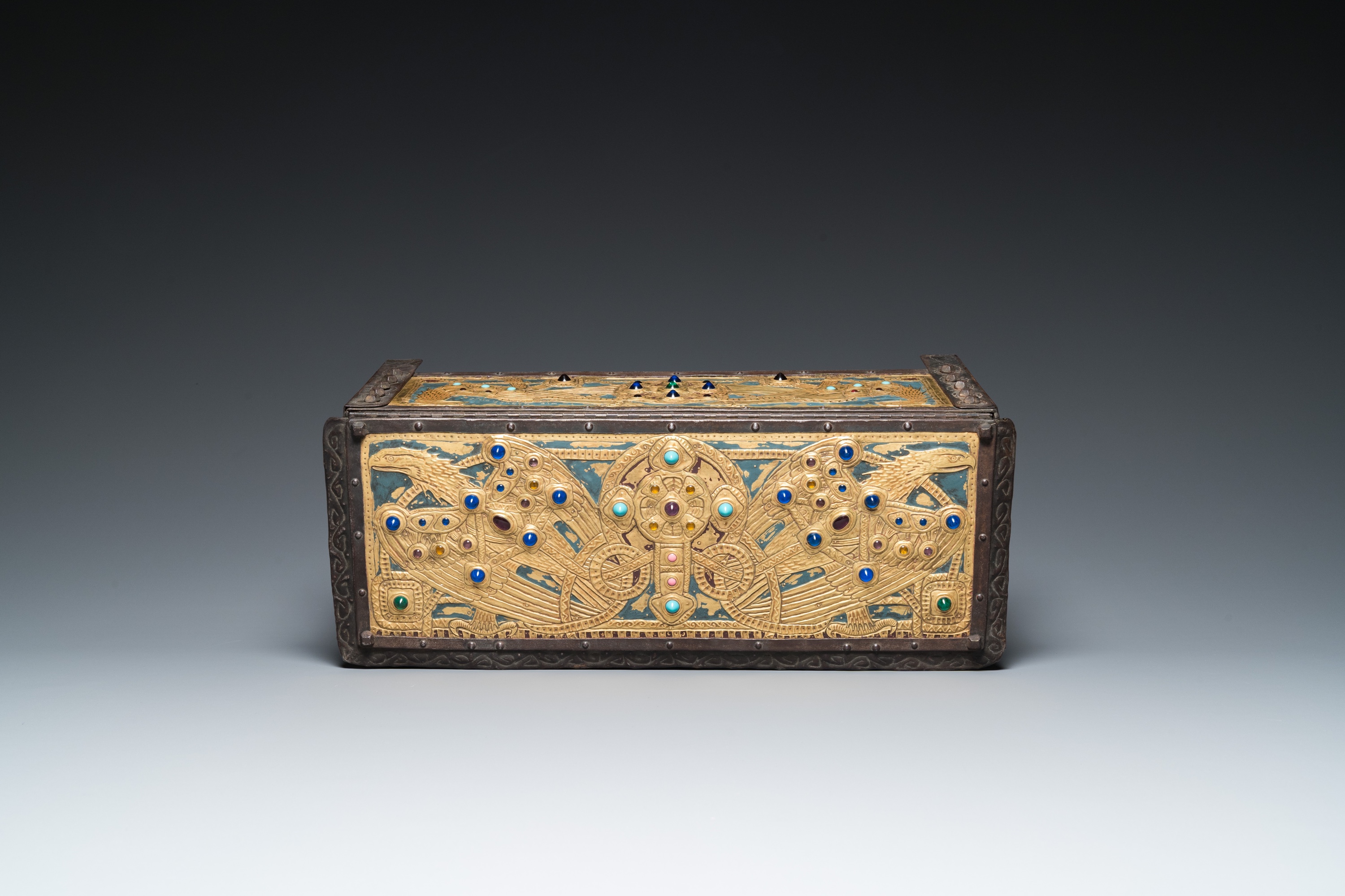 Alfred Daguet (Paris, 1875-1942): A Gothic revival repoussŽ brass and copper-mounted metal box with - Image 7 of 10