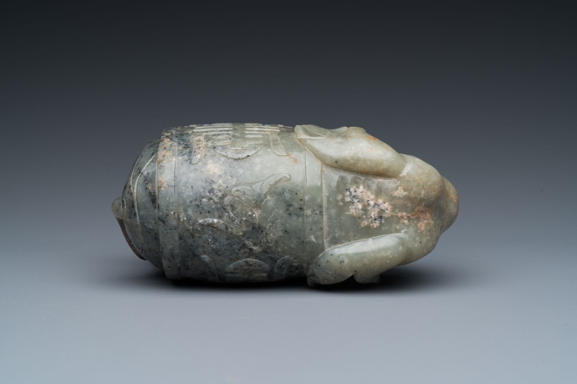 A Chinese grey-speckled celadon jade elephant, Qing - Image 7 of 18