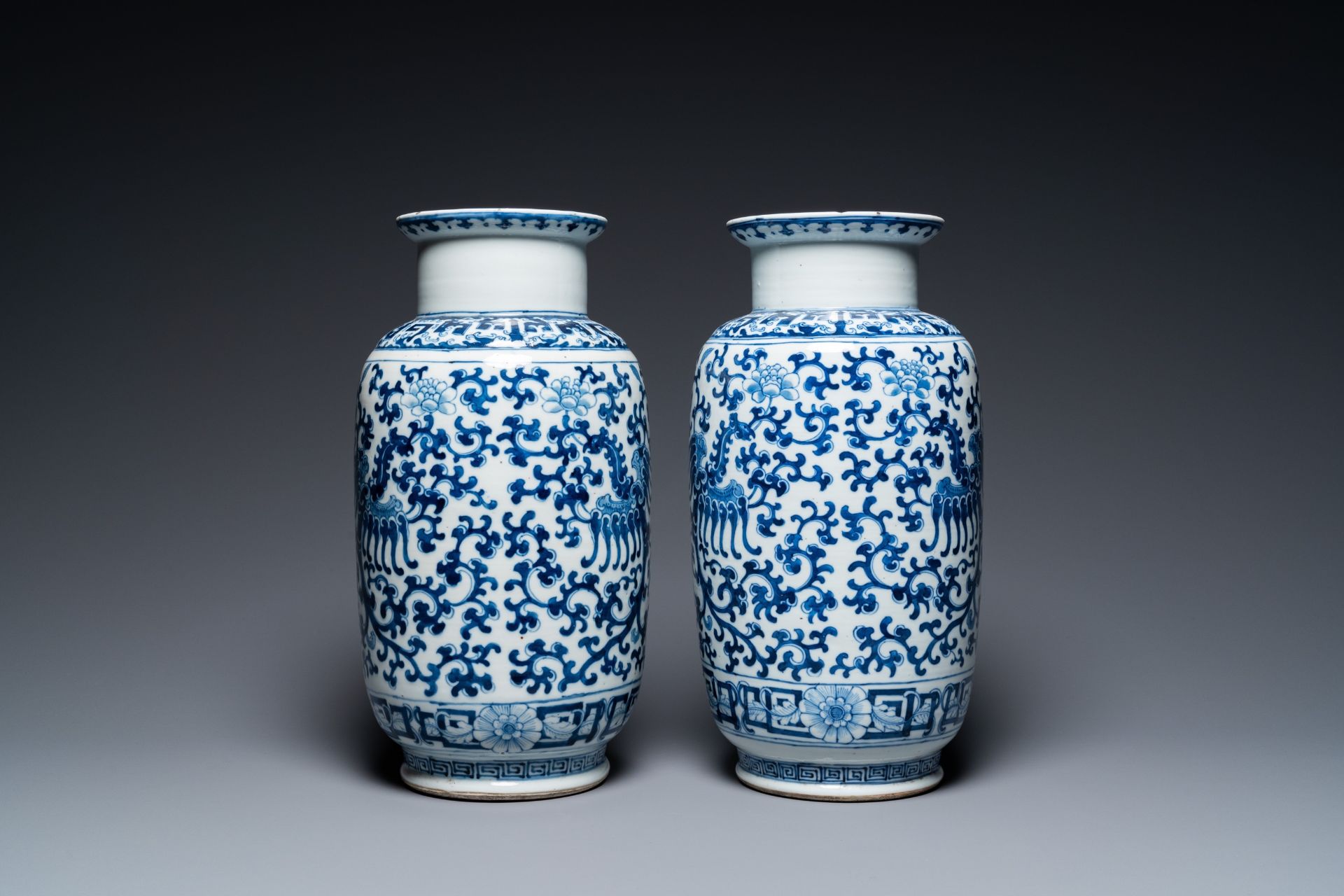 A pair of Chinese blue and white 'phoenix' vases, Kangxi mark, 19th C. - Image 4 of 30