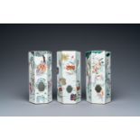 Three Chinese famille rose reticulated hexagonal hat stands, 19th C.