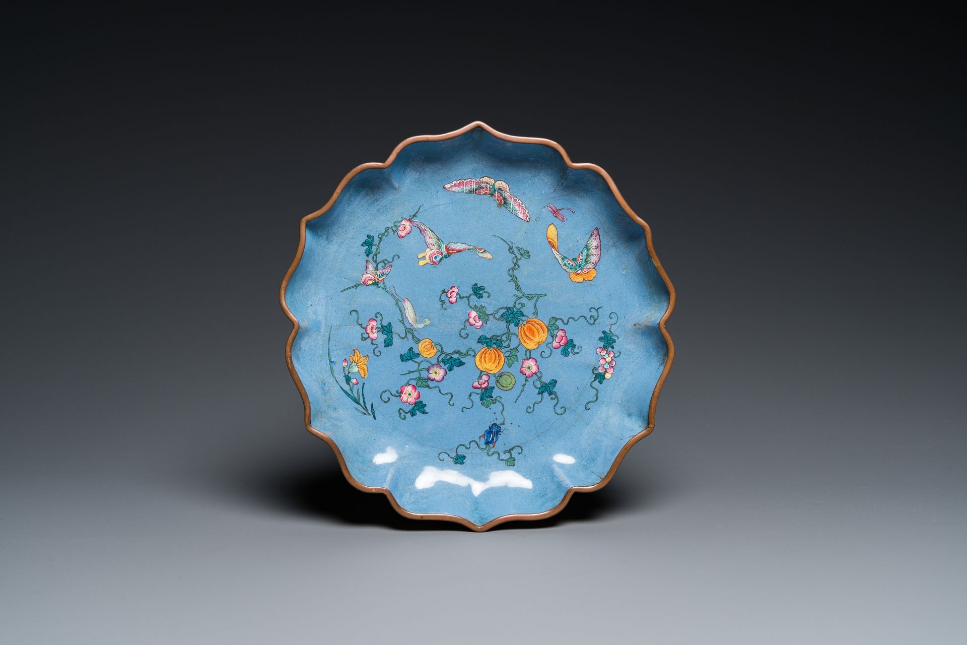 A Chinese blue-ground Canton enamel dish and a censer, Yongzheng/Qianlong - Image 2 of 9