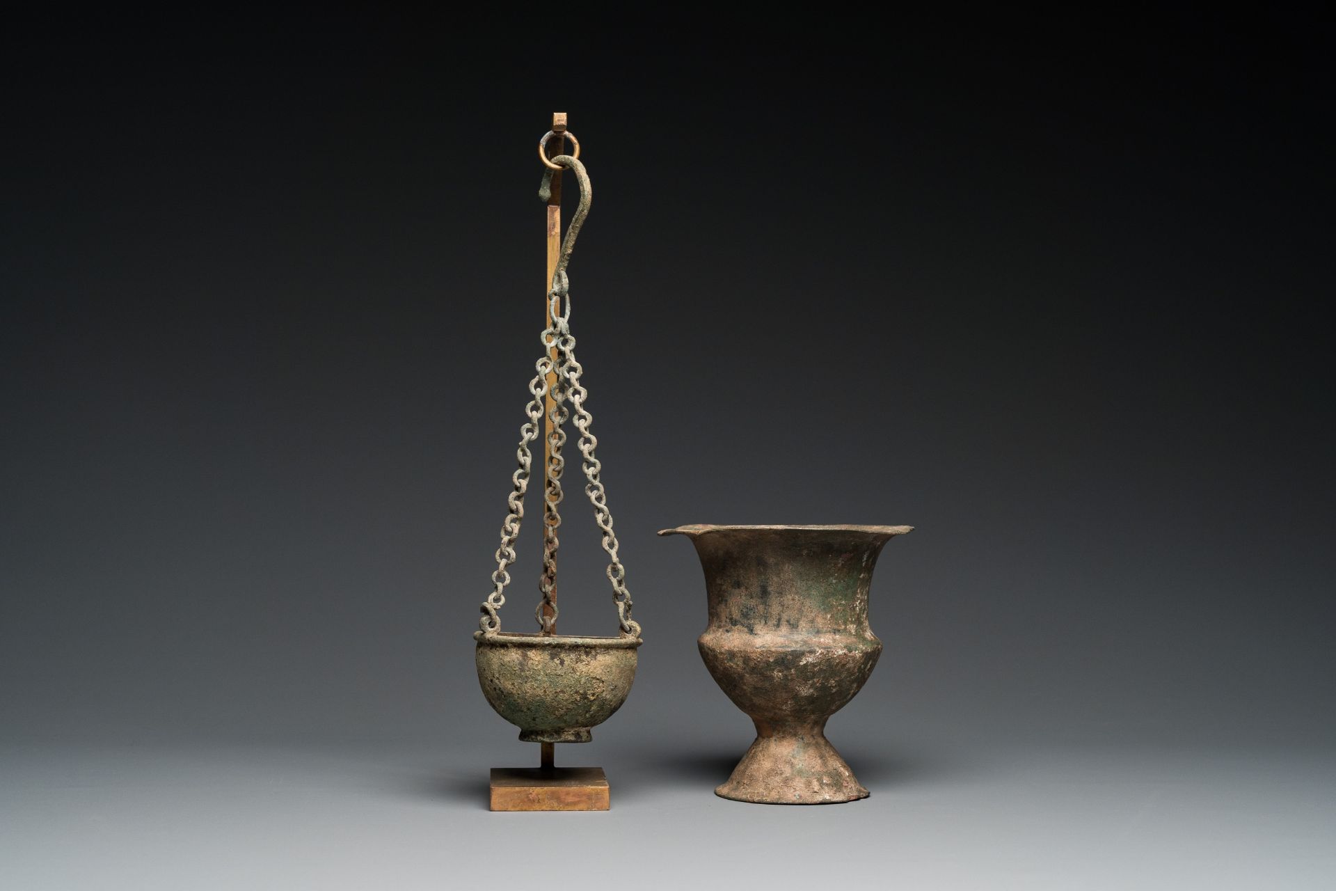 A Byzantine or Roman bronze vase and a hanging incense burner, 5/7th C. - Image 4 of 9
