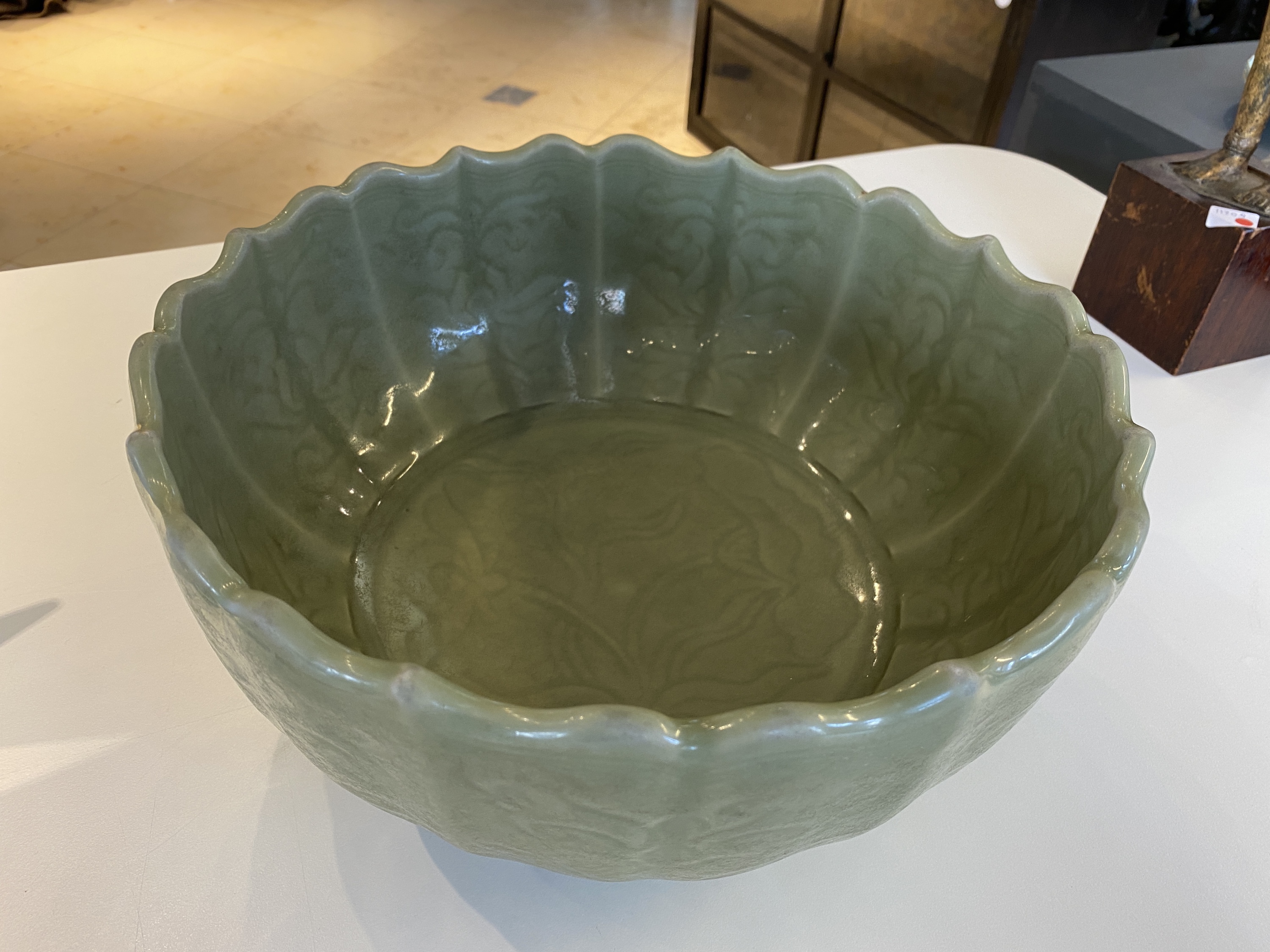 A large Chinese Longquan celadon bowl with underglaze lotus design, Ming - Image 8 of 17