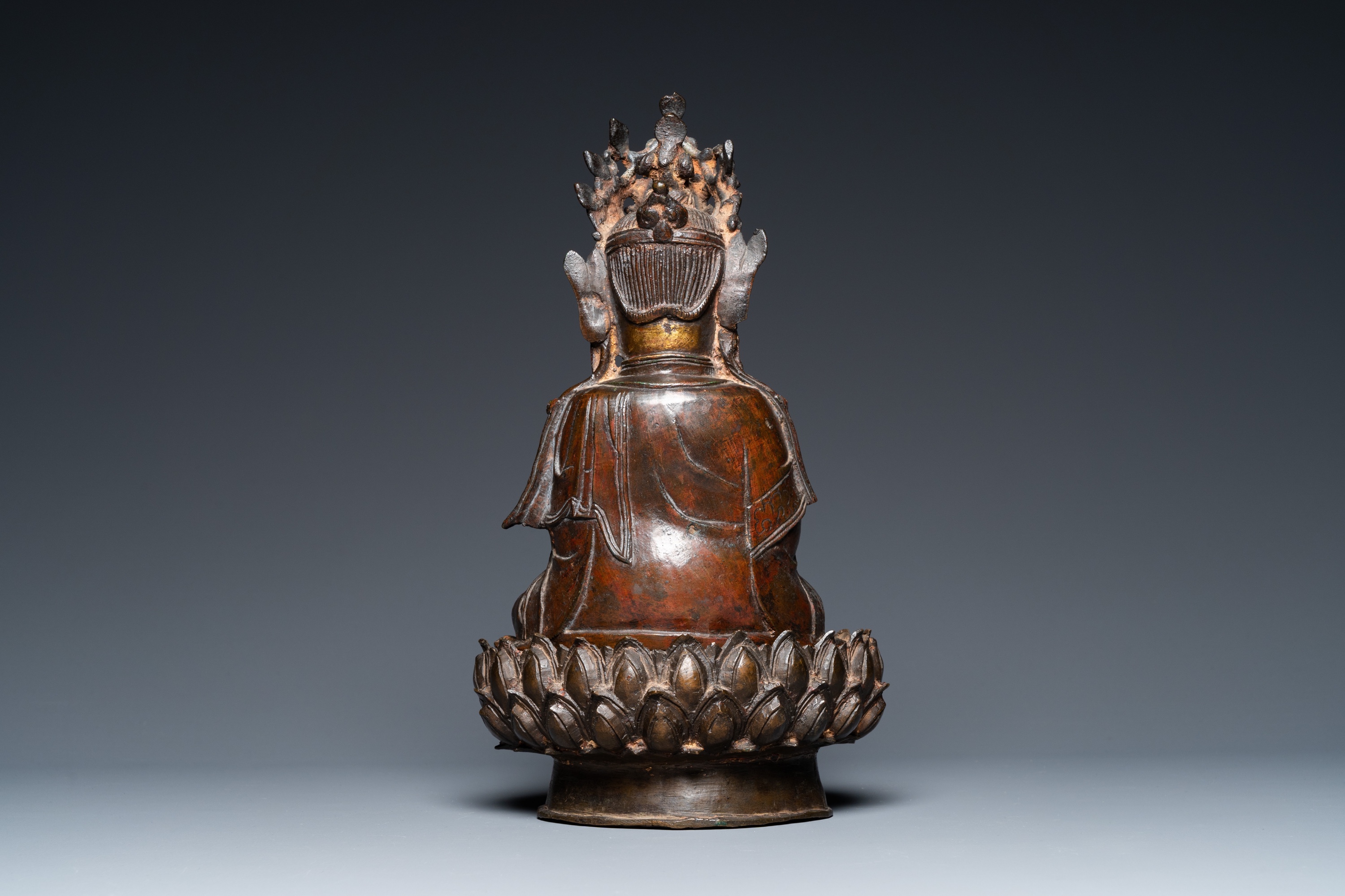 A Chinese partly gilt bronze figure of Guanyin on a lotus throne, Ming - Image 4 of 31