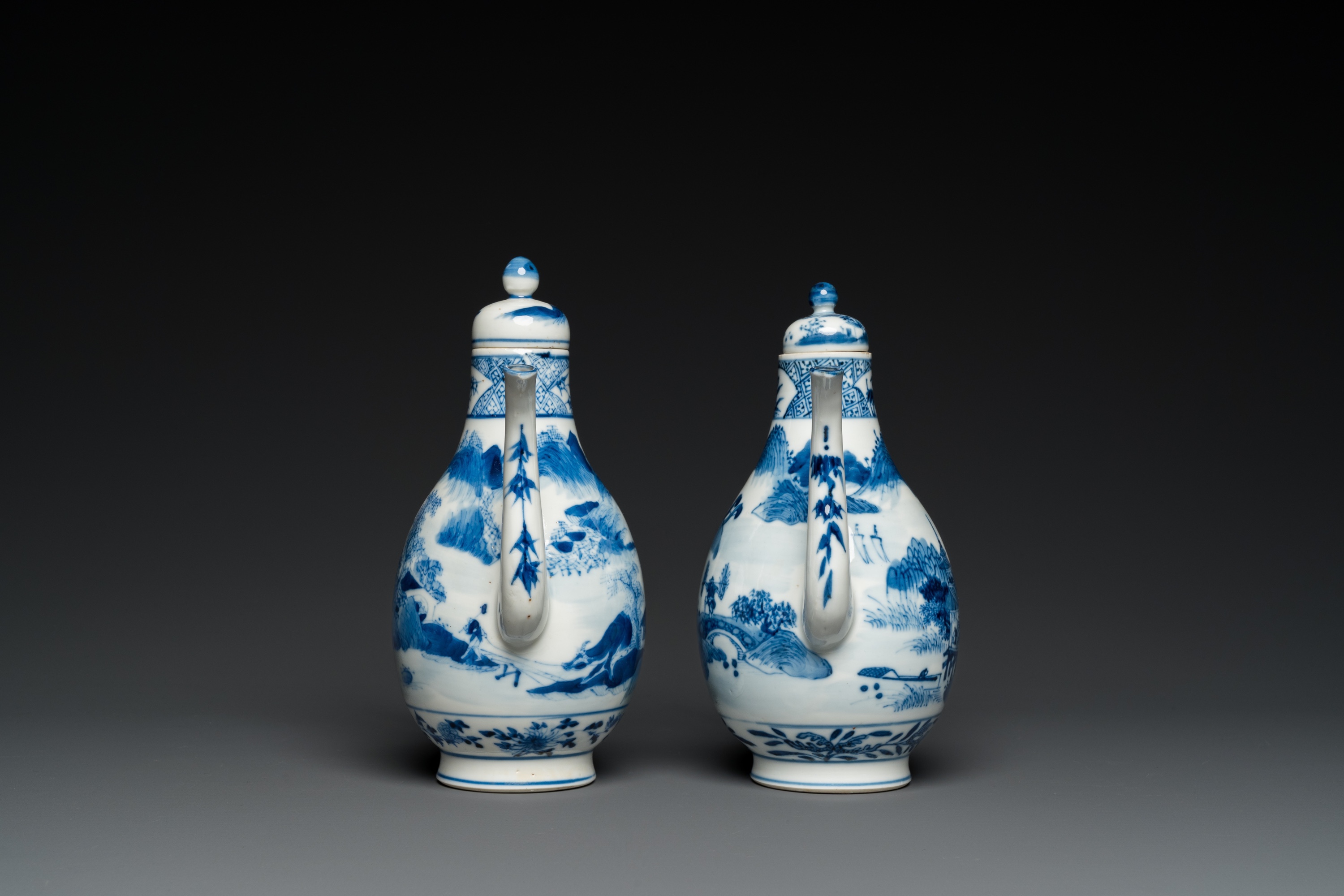 A pair of Chinese blue and white 'landscape' ewers and covers, possibly for the Vietnamese market, 1 - Image 5 of 7