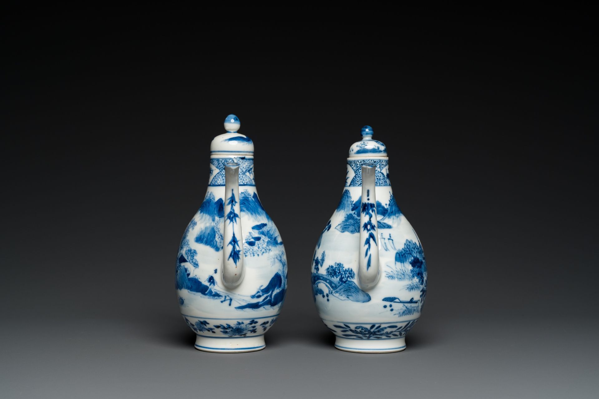 A pair of Chinese blue and white 'landscape' ewers and covers, possibly for the Vietnamese market, 1 - Image 5 of 7