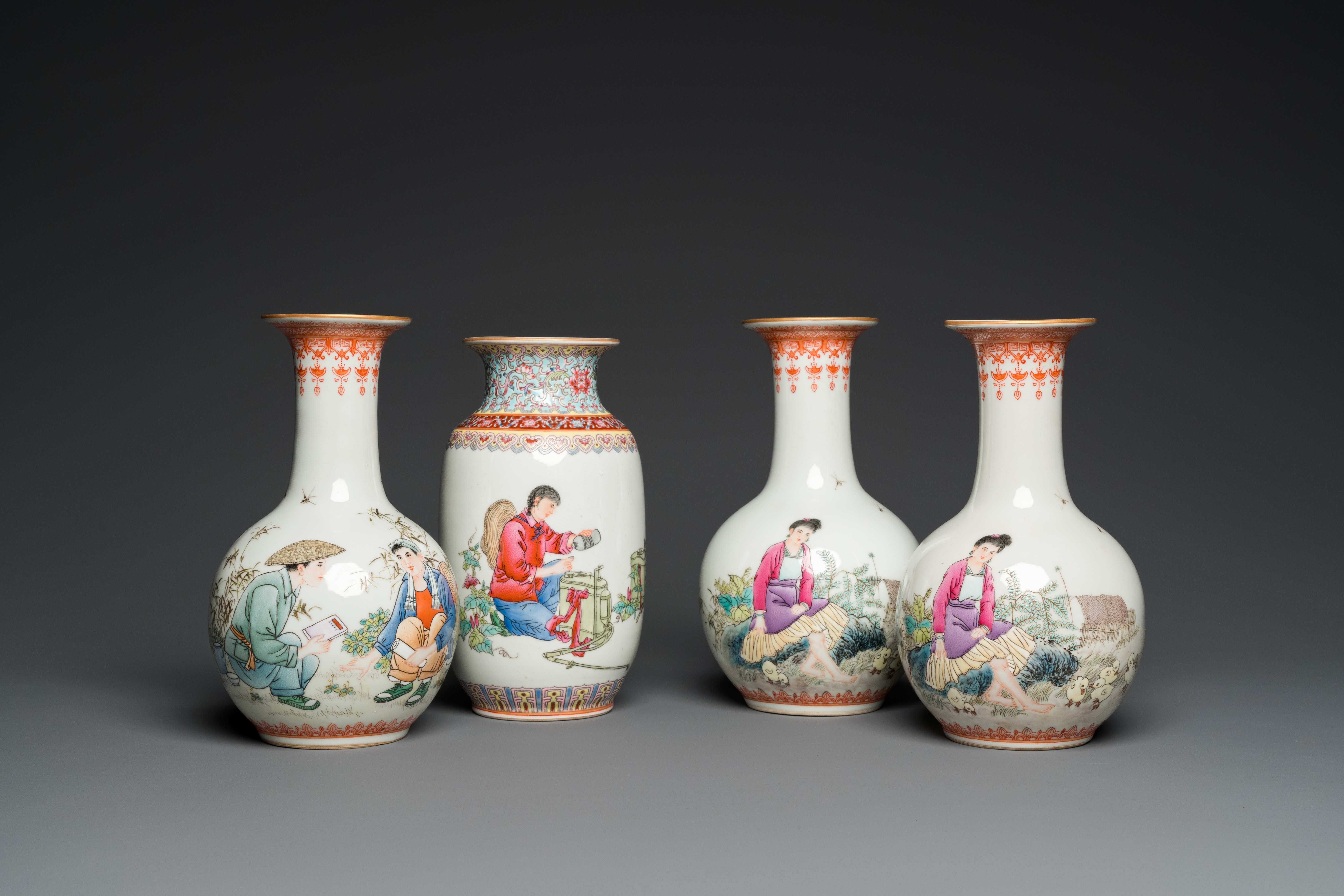Four Chinese Cultural Revolution vases depicting farmers and children, Zhong Guo Jing De Zhen Zhi ma
