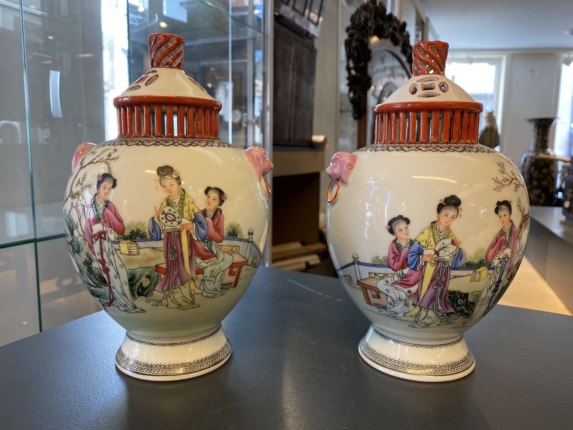 A pair of Chinese famille rose vases with reticulated covers, Qianlong mark, Republic - Image 7 of 17