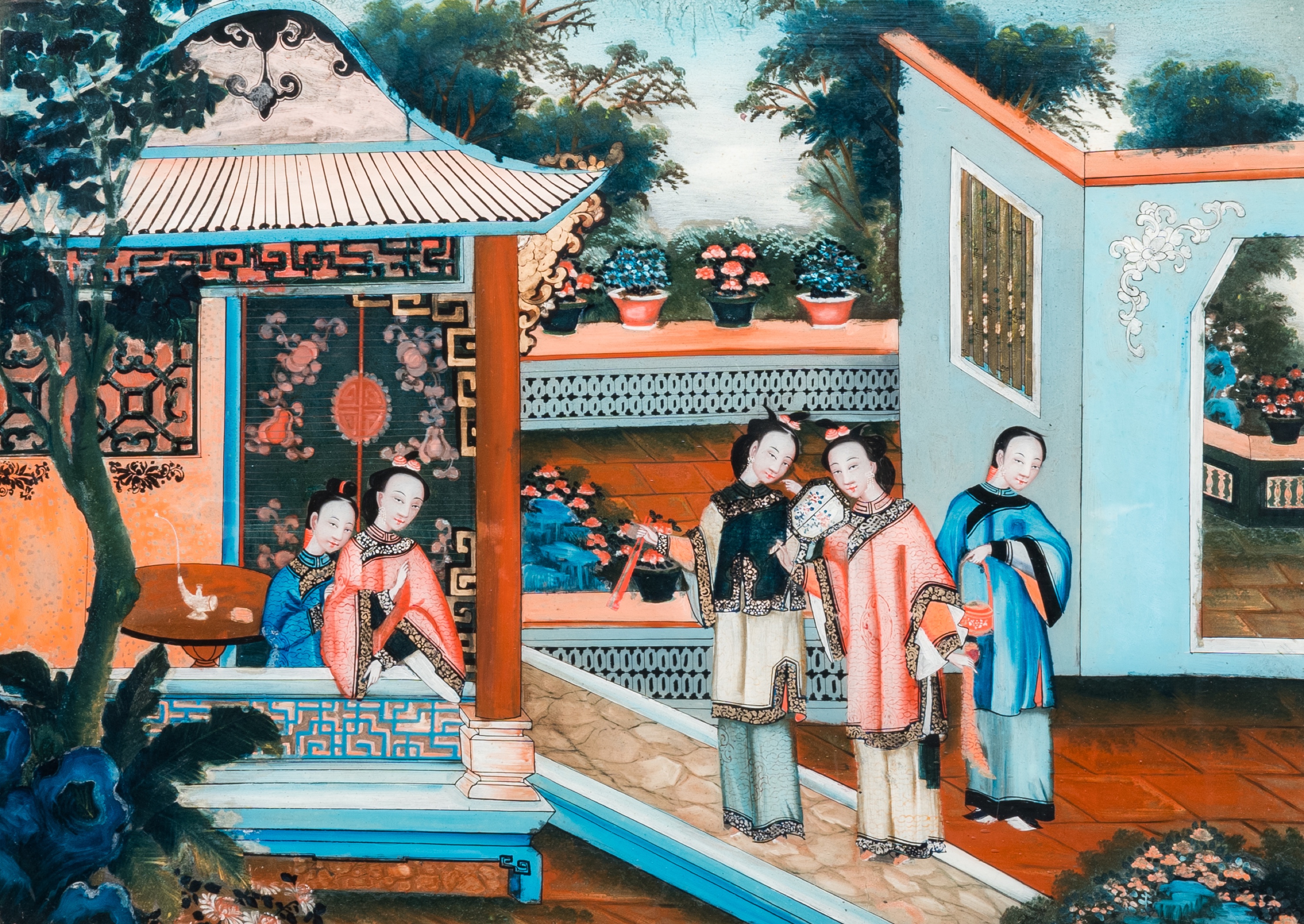 A Chinese reverse glass painting in original frame, Canton, 1st half 19th C. - Image 2 of 6