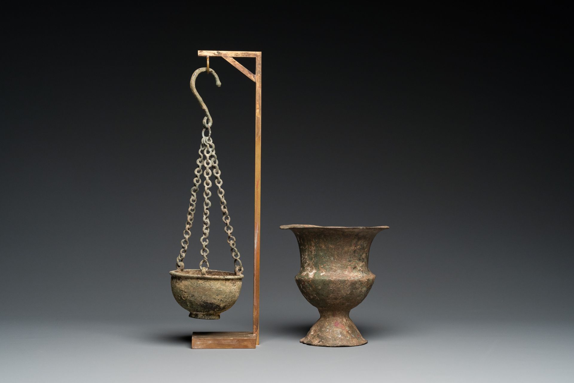 A Byzantine or Roman bronze vase and a hanging incense burner, 5/7th C. - Image 5 of 9