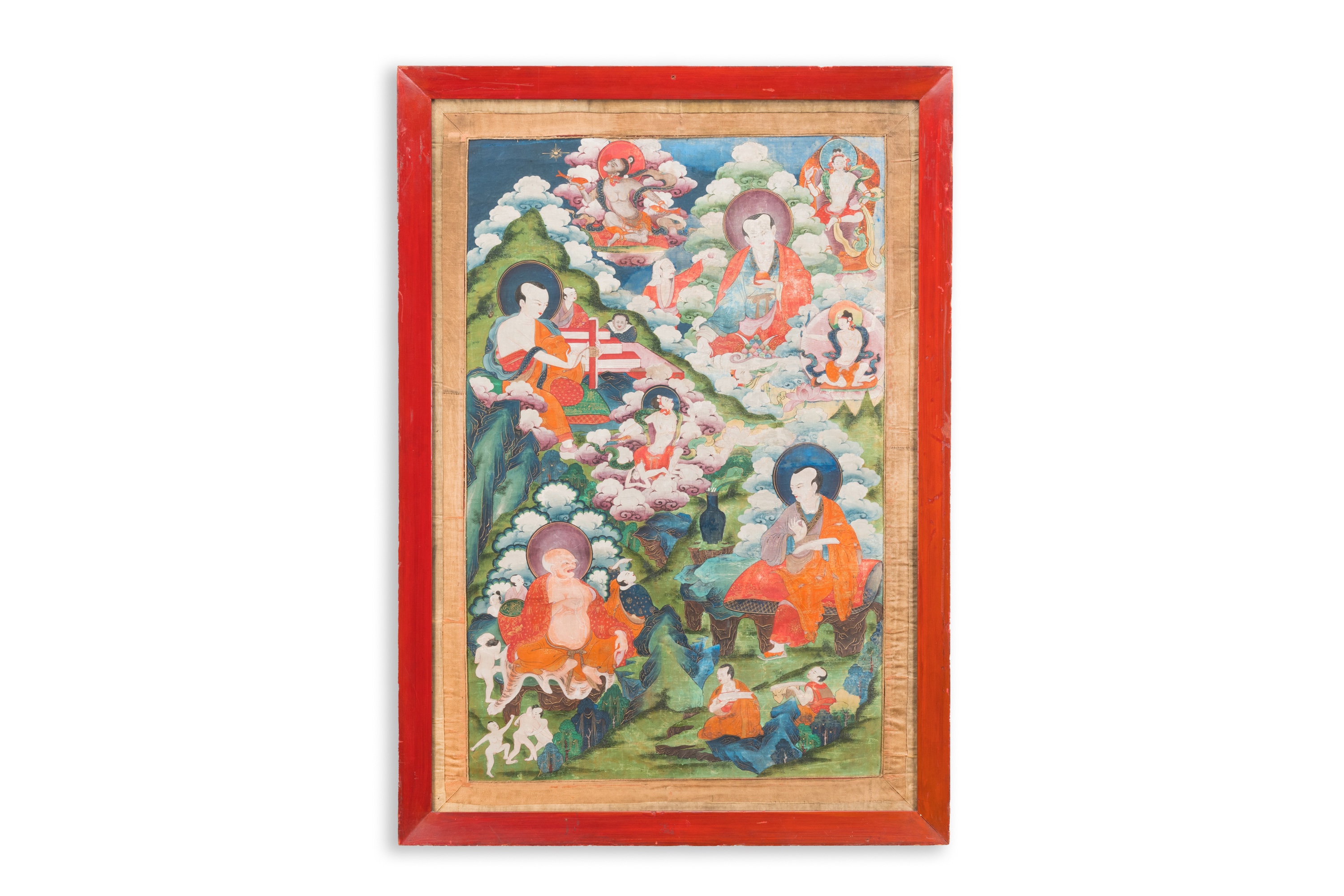 A thangka depicting Luohan surrounded by deities, Tibet, 17/18th C. - Image 2 of 6