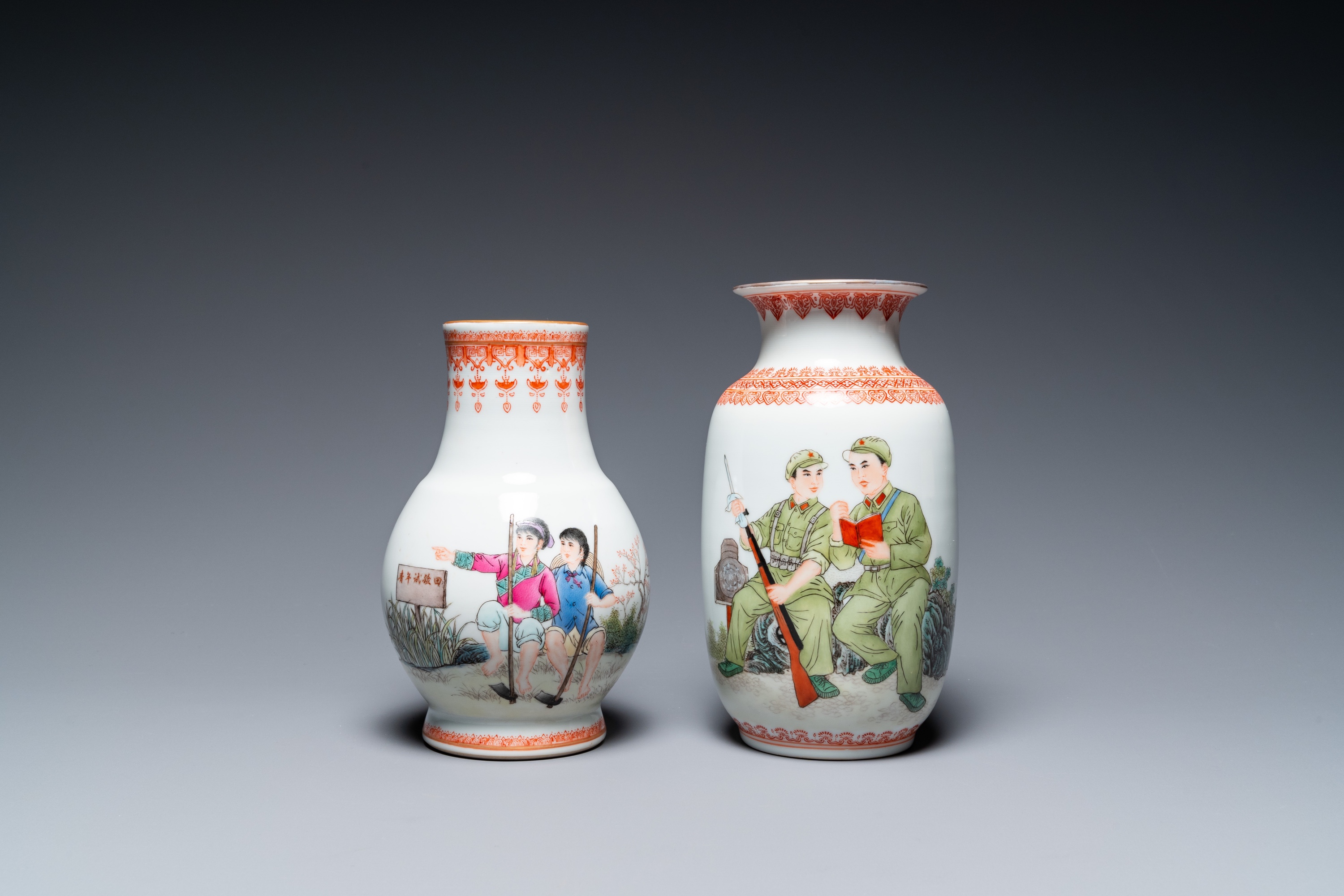 Four Chinese vases with Cultural Revolution design, one signed Wang Xiaolan ___ and dated 1972 - Image 2 of 40