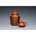 A Chinese Yixing stoneware tea caddy and teapot, 19/20th C.