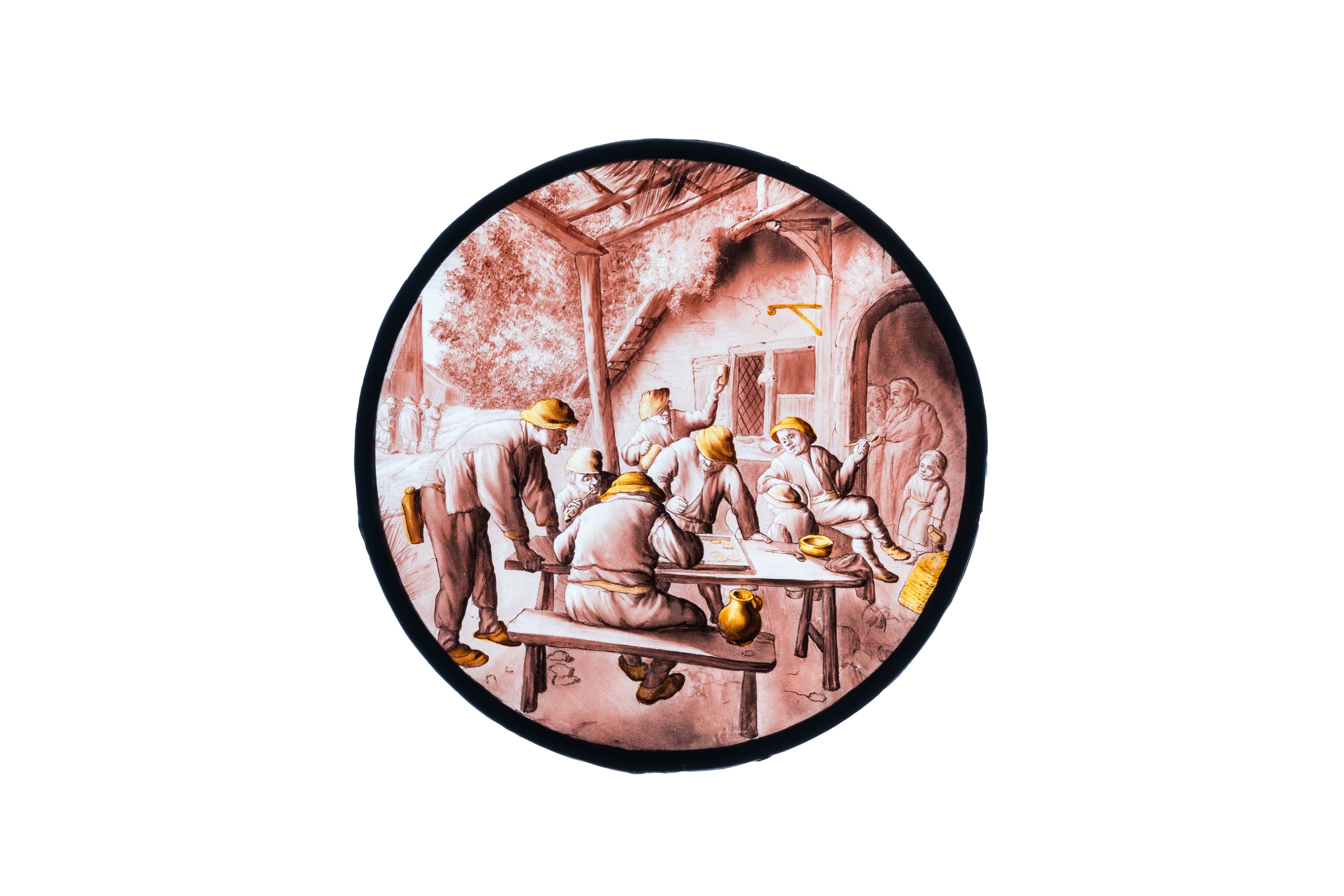 A painted glass roundel with 'The Backgammon-players' after Adriaen van Ostade, Southern Netherlands - Image 2 of 4