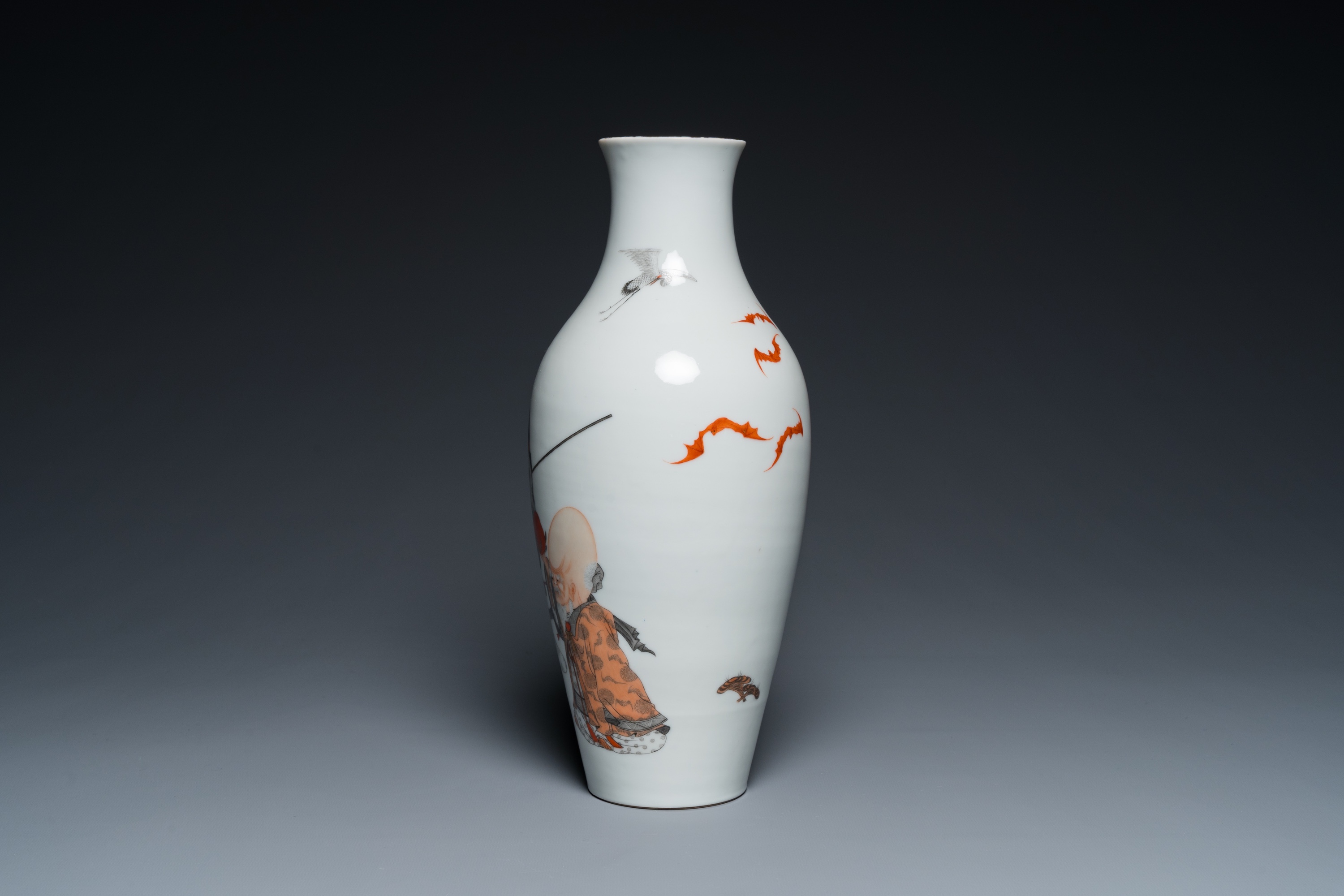 A Chinese iron-red and grisaille 'Shou Lao and Lan Caihe' vase, Hongxian mark, Republic - Image 2 of 14