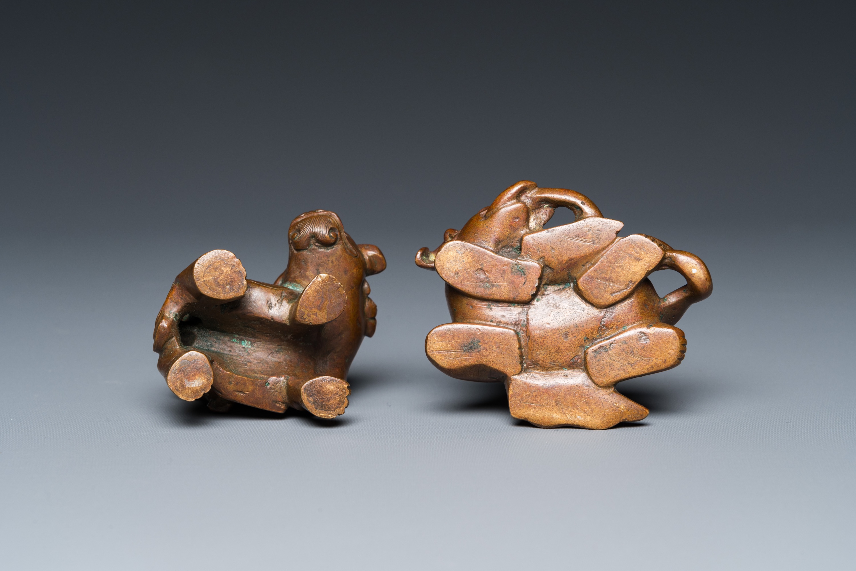 Two Chinese bronze scroll Weights with Sogdian riders on a Buddhist lion and an elephant, Qi - Image 7 of 19